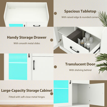 LED Buffet Sideboard with Charging Station with Drawer and Translucent Fluted Door, White