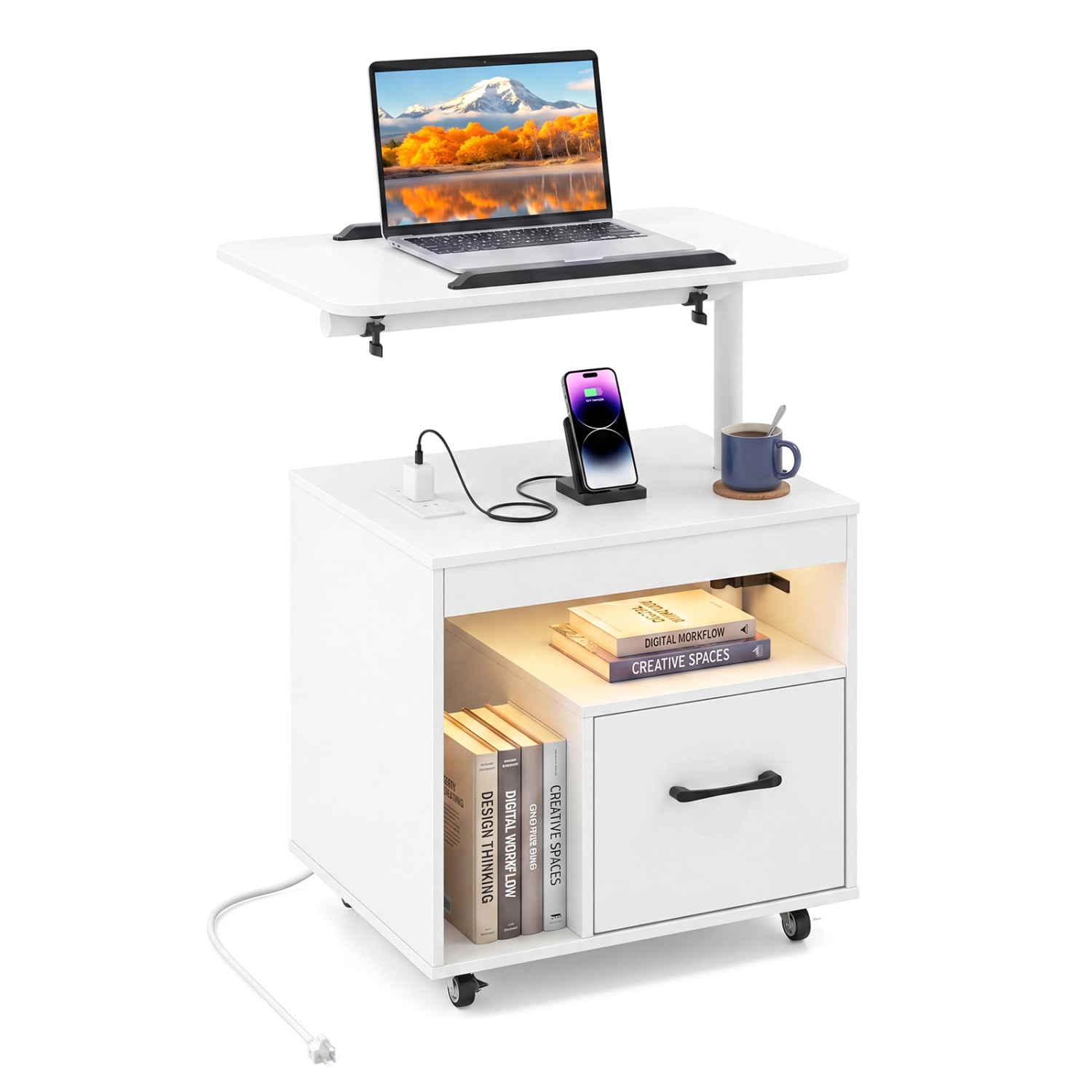 LED Nightstand with Power Outlets, White Nightstands White at Gallery Canada