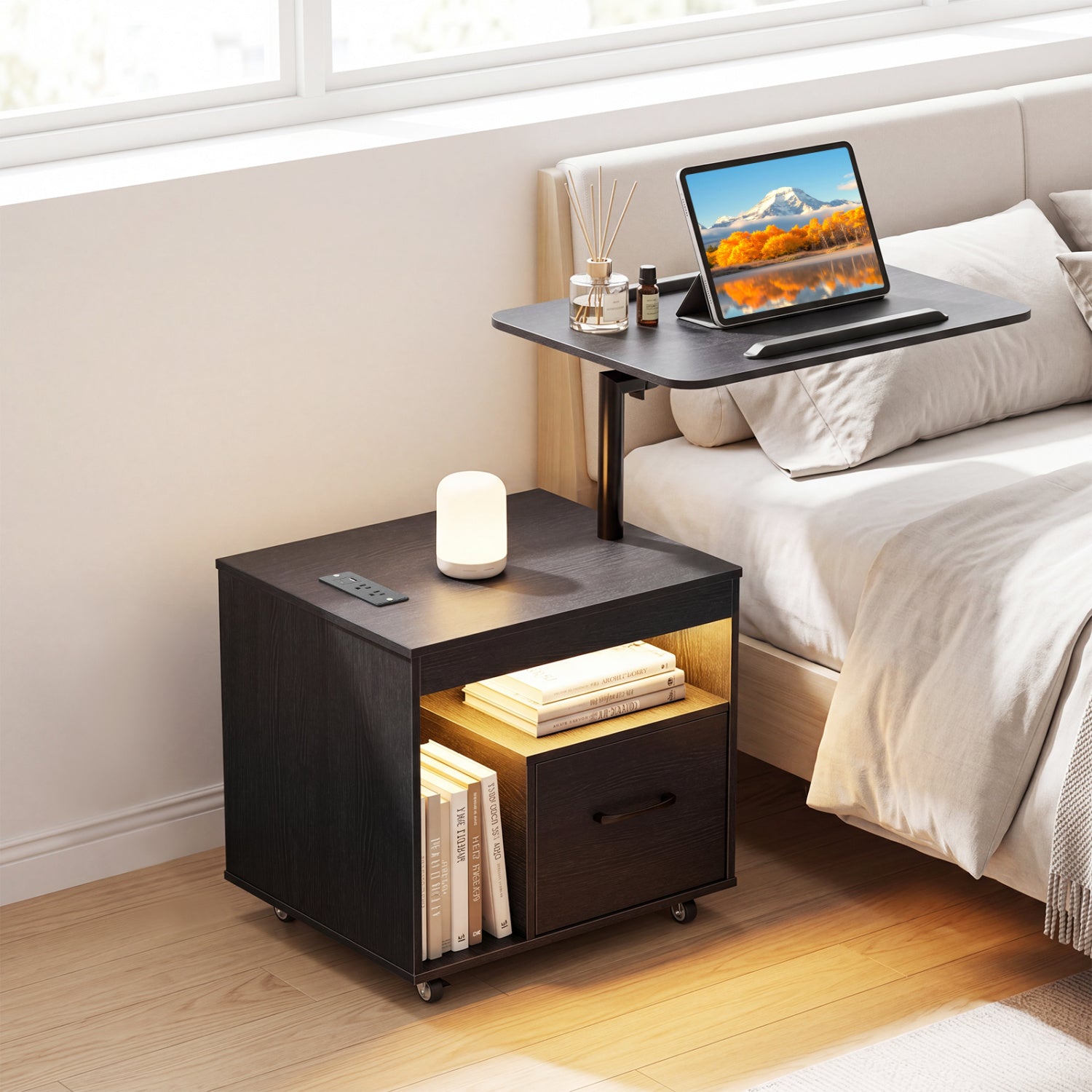 LED Nightstand with Power Outlets, Black Nightstands at Gallery Canada
