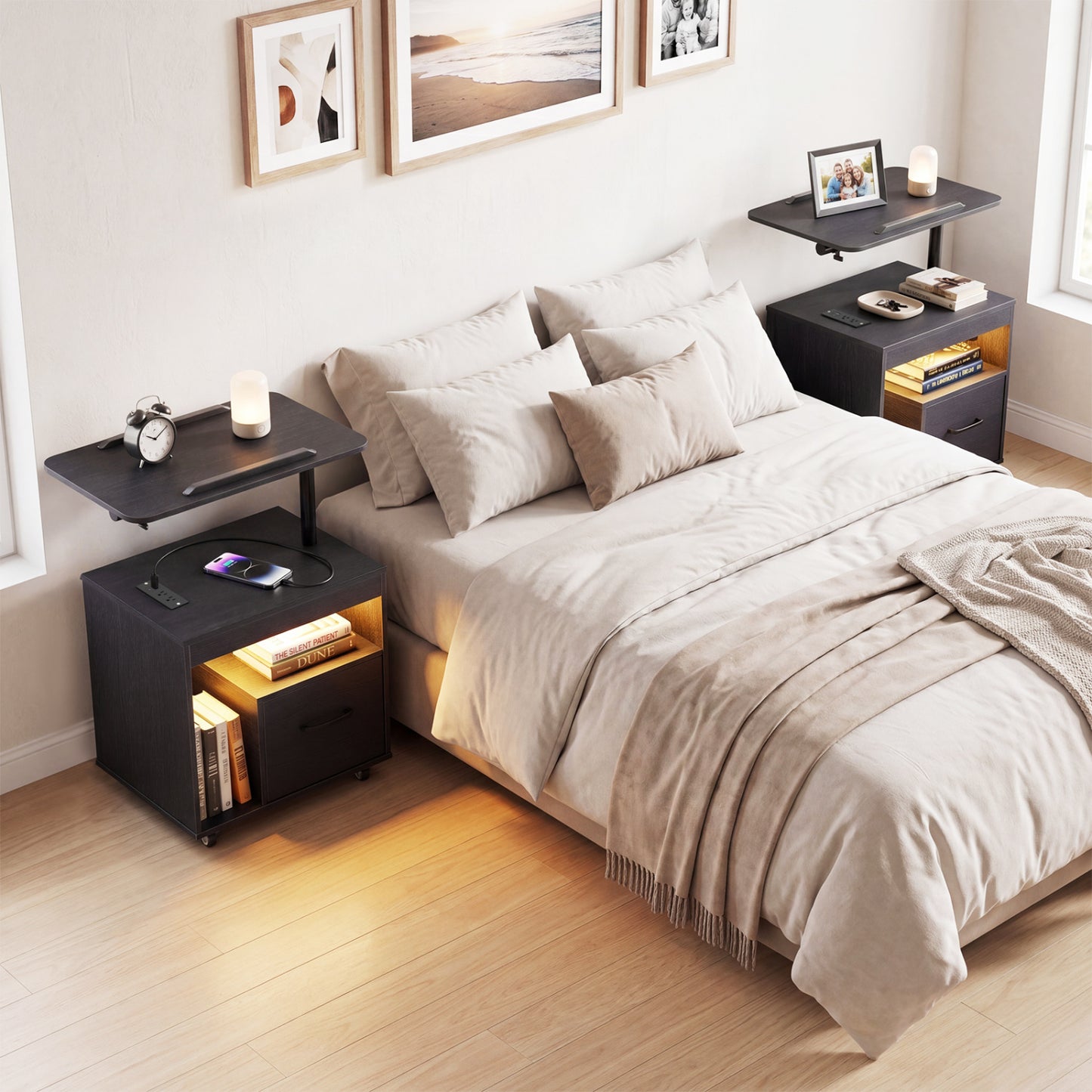 LED Nightstand with Power Outlets, Black Nightstands at Gallery Canada