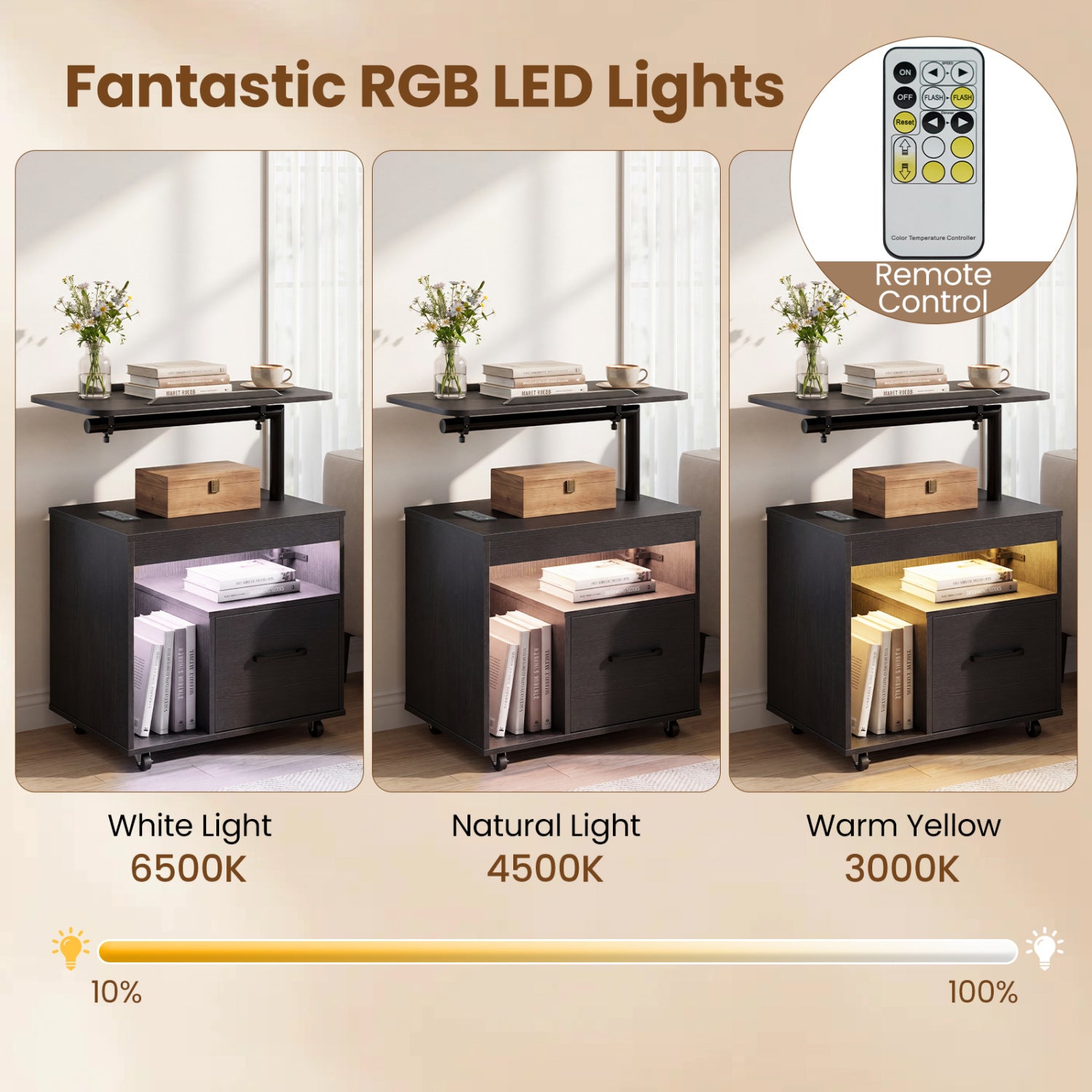 LED Nightstand with Power Outlets, Black Nightstands at Gallery Canada