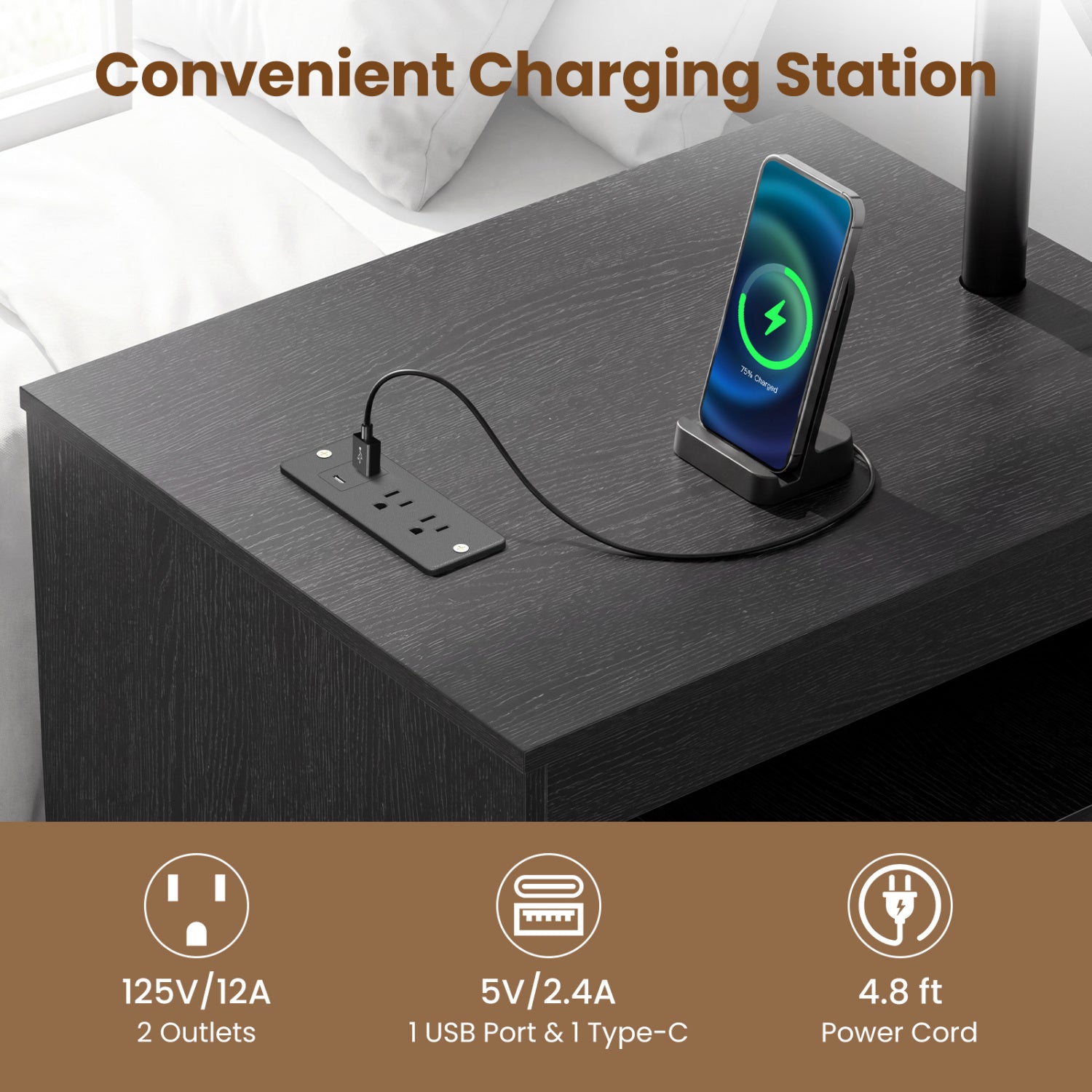 LED Nightstand with Power Outlets, Black Nightstands at Gallery Canada