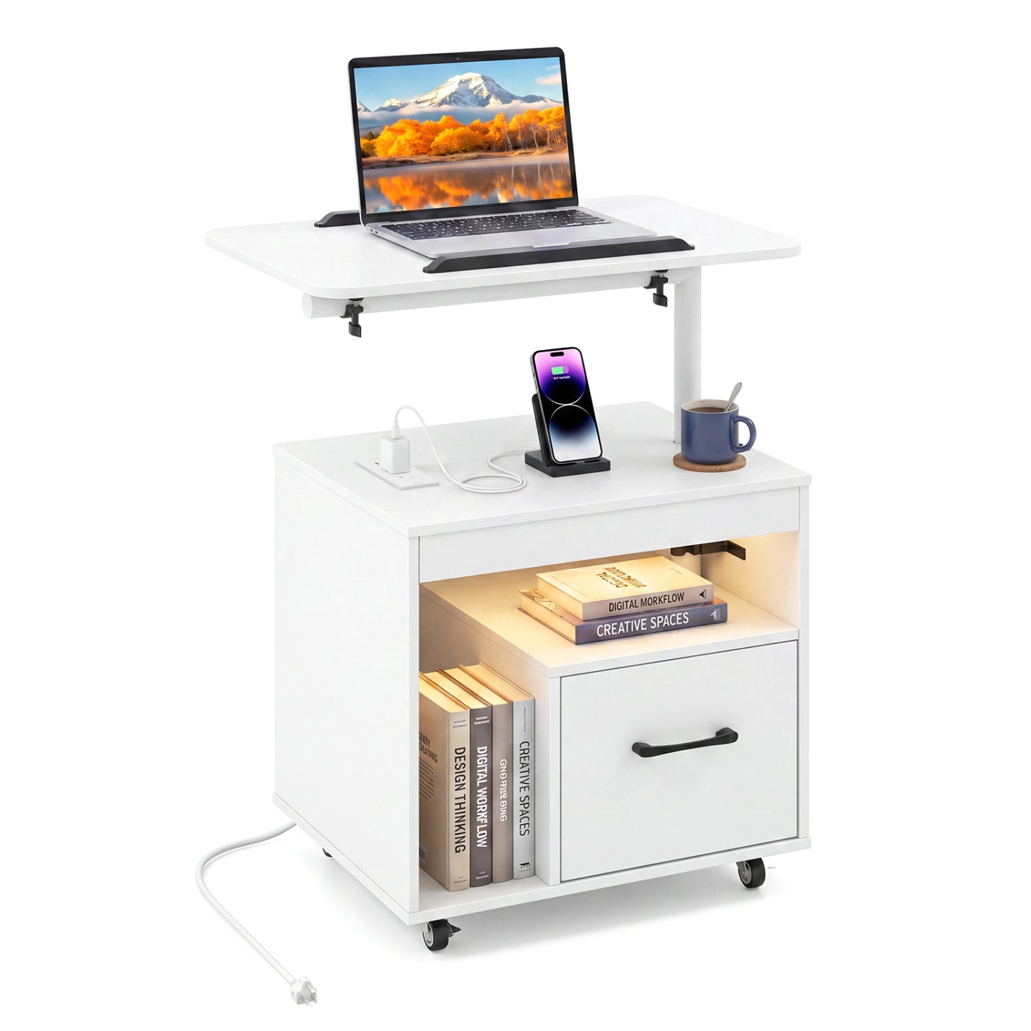 LED Nightstand with Power Outlets, White Nightstands White at Gallery Canada