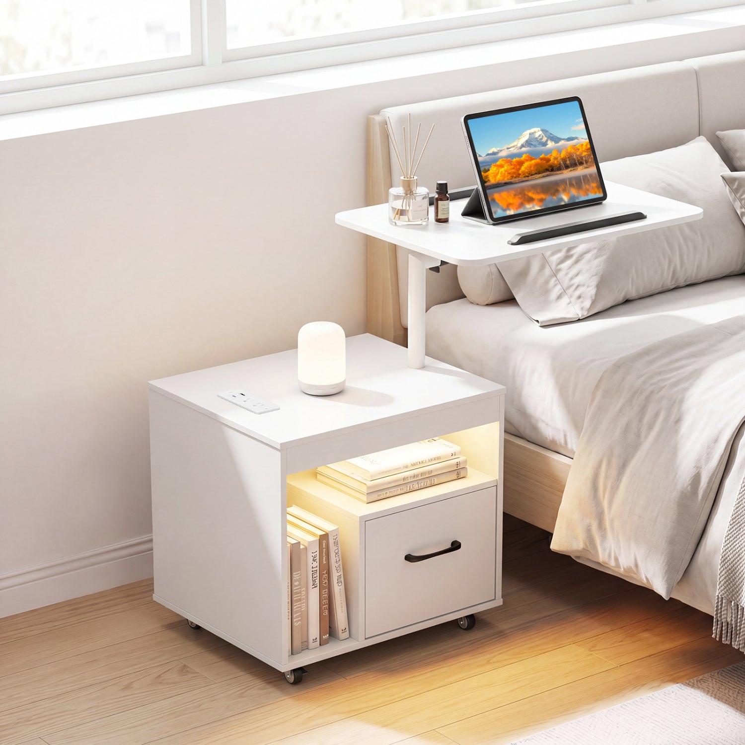 LED Nightstand with Power Outlets, White Nightstands at Gallery Canada