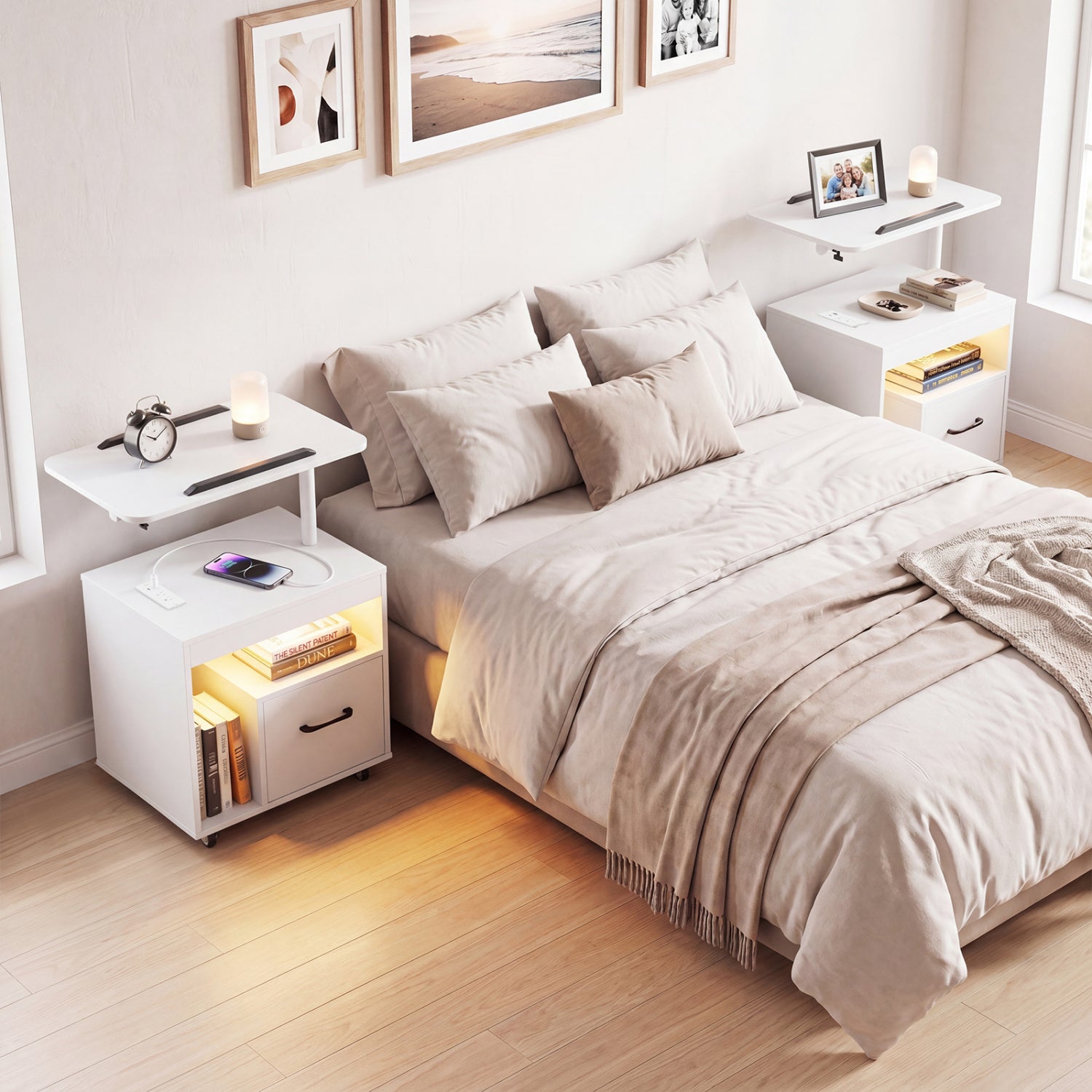 LED Nightstand with Power Outlets, White Nightstands at Gallery Canada