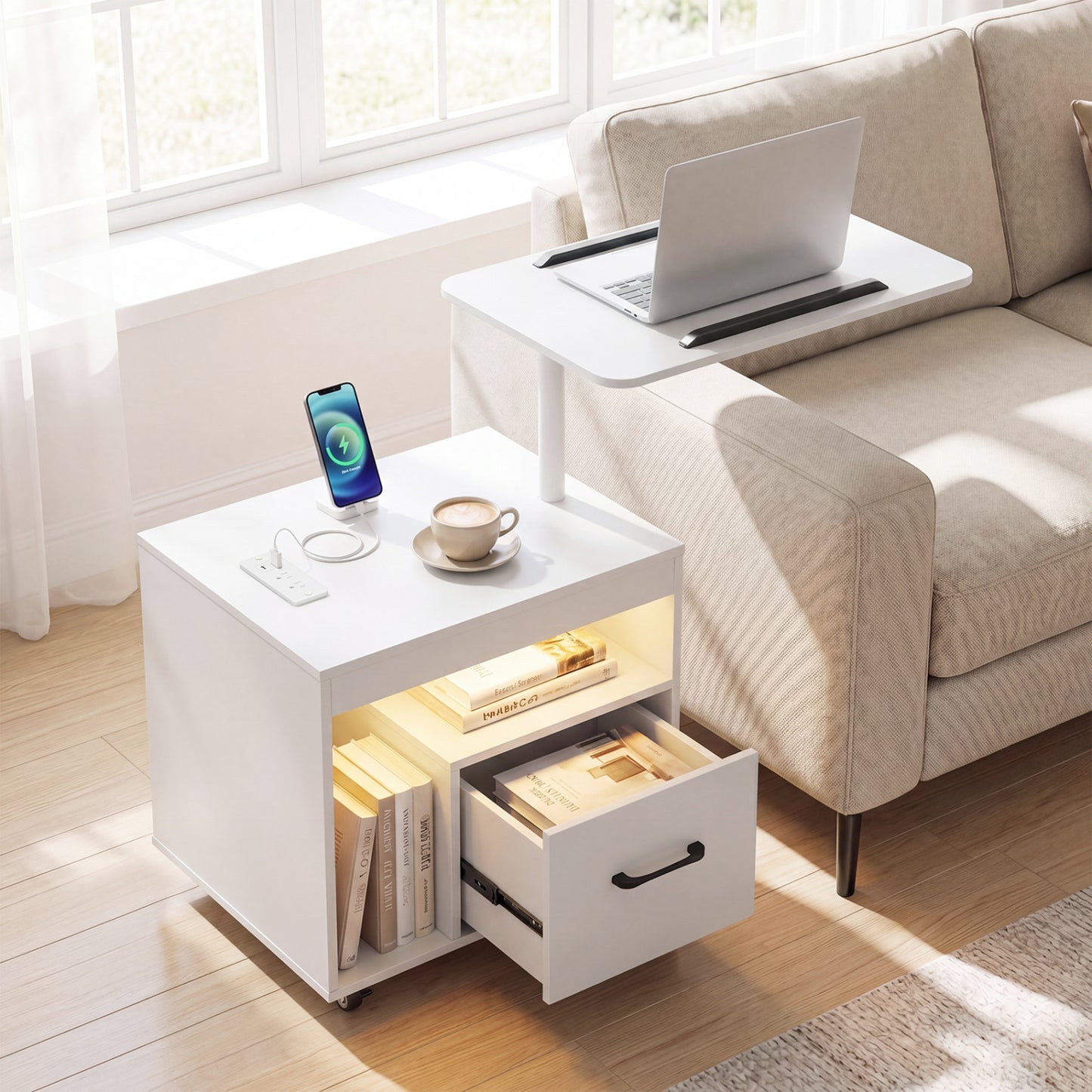 LED Nightstand with Power Outlets, White Nightstands at Gallery Canada