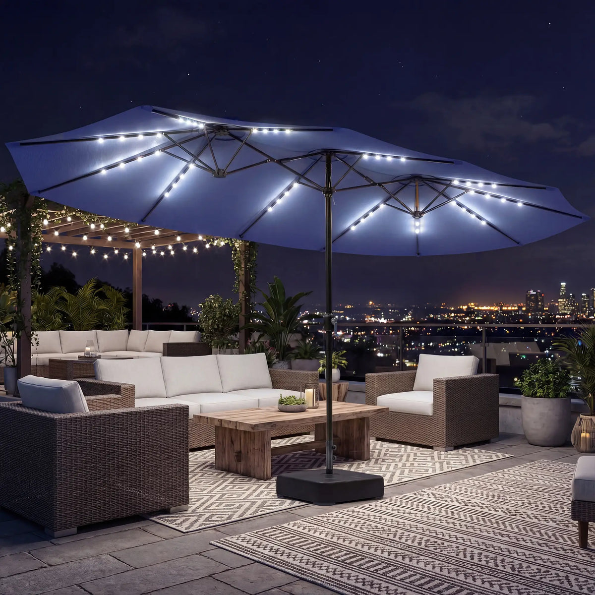 Double-Sided Patio Umbrella, 15ft, 48 LED Lights, Base Included, Dark Blue Double-sided Umbrellas at Gallery Canada