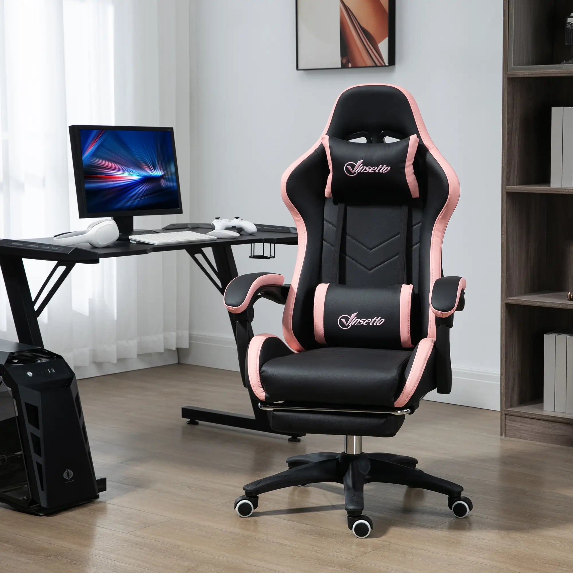 Gaming Chair, PU Leather Office Desk Chair with Footrest, Swivel Wheels, 135° Reclining Back, Black Video Game Chairs at Gallery Canada
