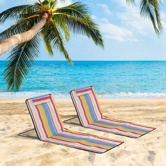 Set of 2 Beach Lounge Chair Sun Lounger Beach Mat, Padded Folding Ground Mat Lounge Chair w/Adjustable Back, Steel Frame, Head Pillow and Carry Bag for Backyard Lakeside, Colorful Stripes - Gallery Canada