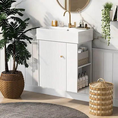 Floating Bathroom Vanity, Ceramic Basin, Right Storage, Rose Gold Handle, 21.5" L x 12" W x 26.5" H, White Sink Cabinets at Gallery Canada