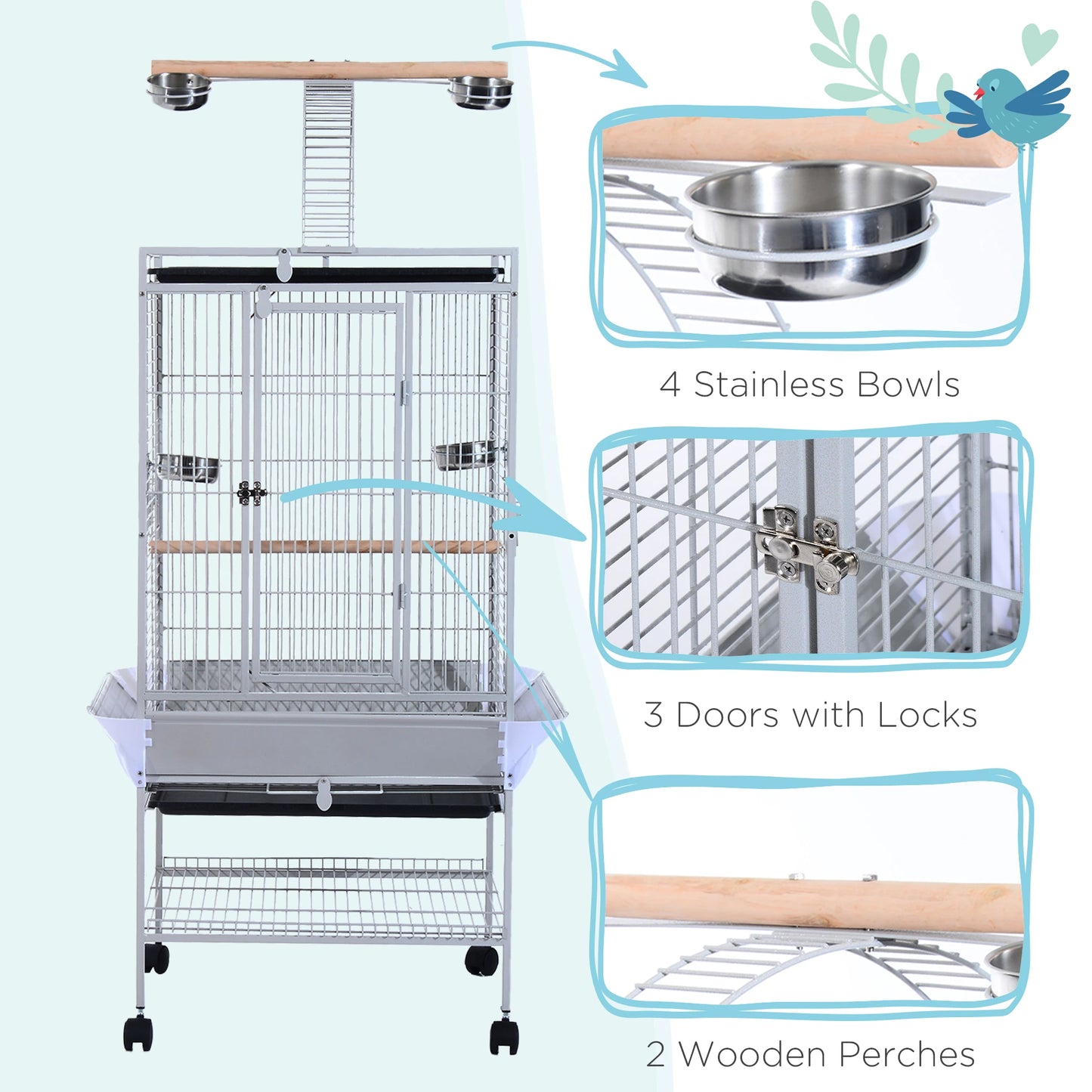 63" Large Parrot Cage, Finch Feeder, Play Top, Silver Bird Cages at Gallery Canada