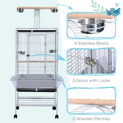 63" Large Parrot Cage, Finch Feeder, Play Top, Silver Bird Cages at Gallery Canada