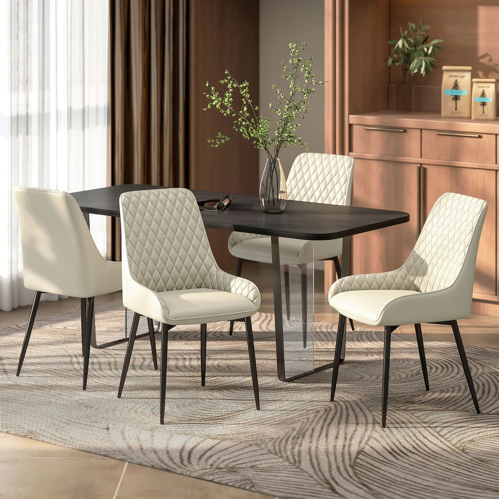 Upholstered Kitchen Chairs Set of 4, Diamond Tufting, Steel Legs, Khaki Dining Chairs at Gallery Canada