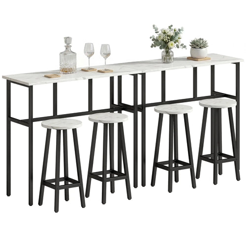 Bar Table Set Of 6, White Marble Breakfast Table And 4 Stools, White