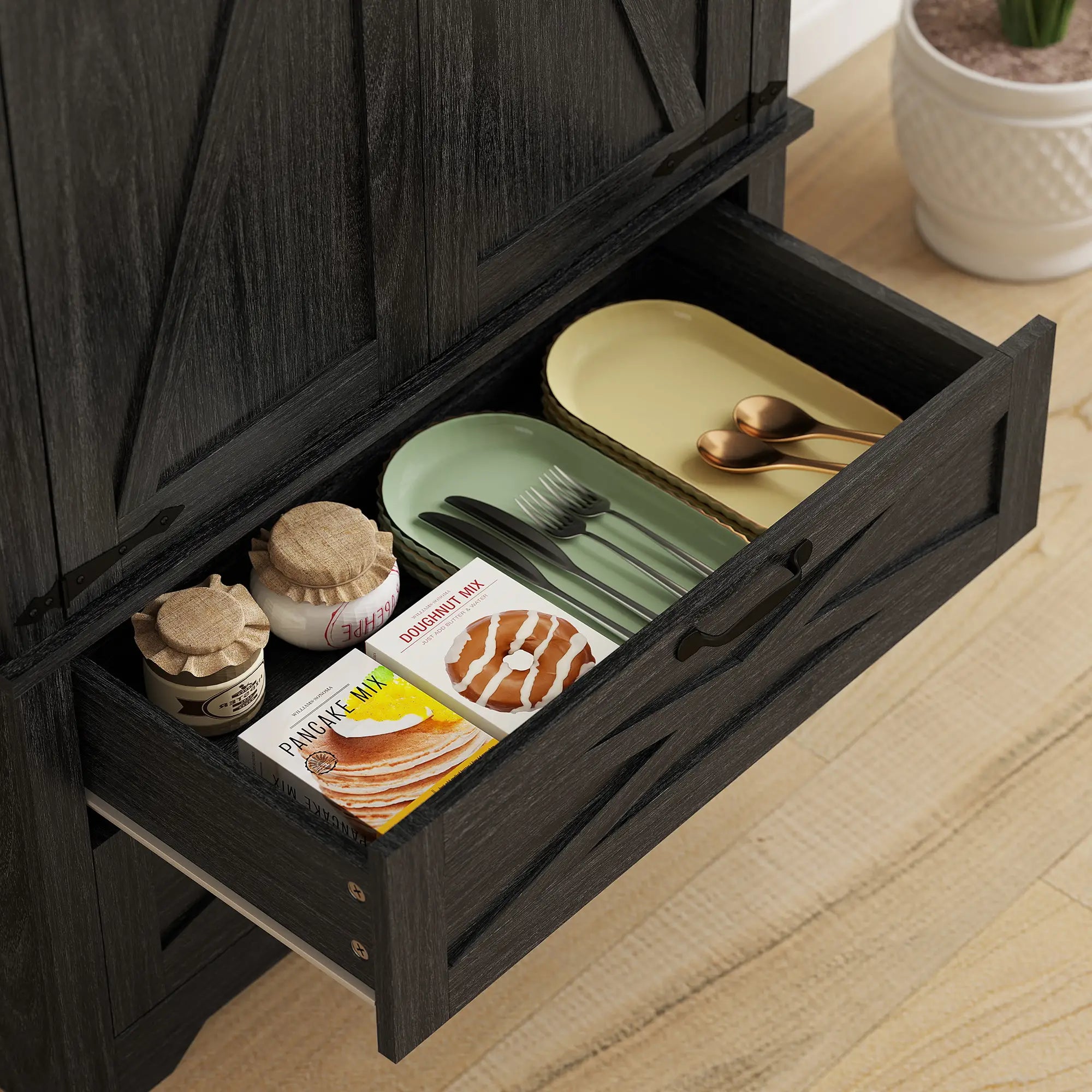 Farmhouse Kitchen Pantry Storage Cabinet, 64 Inch, Distressed Black Kitchen Pantry Cabinets at Gallery Canada