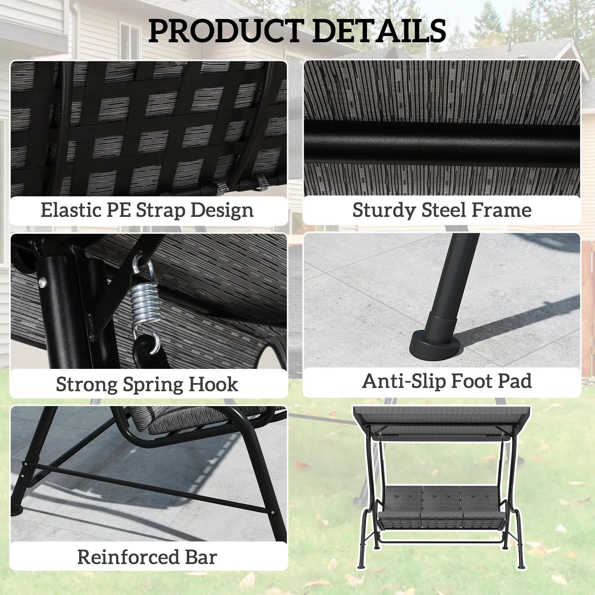 3-Person Patio Swing Bench With Canopy, Grey Patio Swings with Stand at Gallery Canada