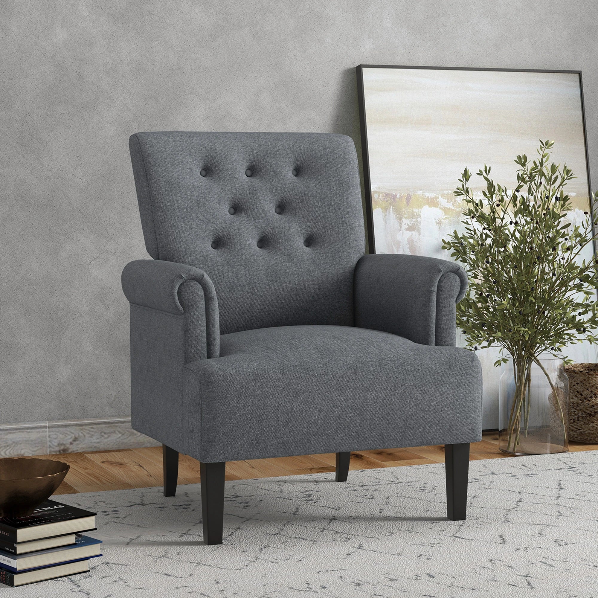 Fabric Accent Armchair, Modern Living Room Chair, Wood Legs, Grey Single Sofas at Gallery Canada