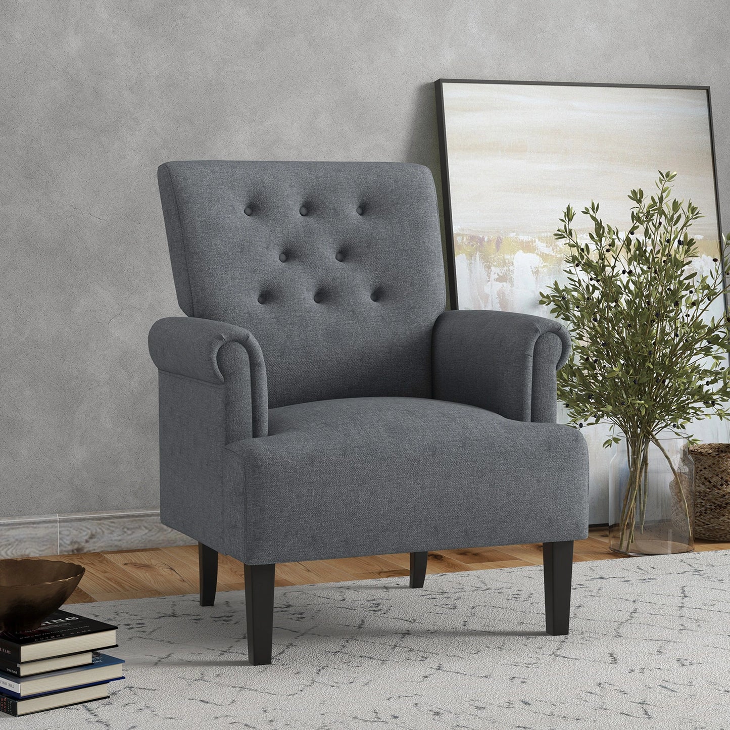 Fabric Accent Armchair, Modern Living Room Chair, Wood Legs, Grey Single Sofas at Gallery Canada