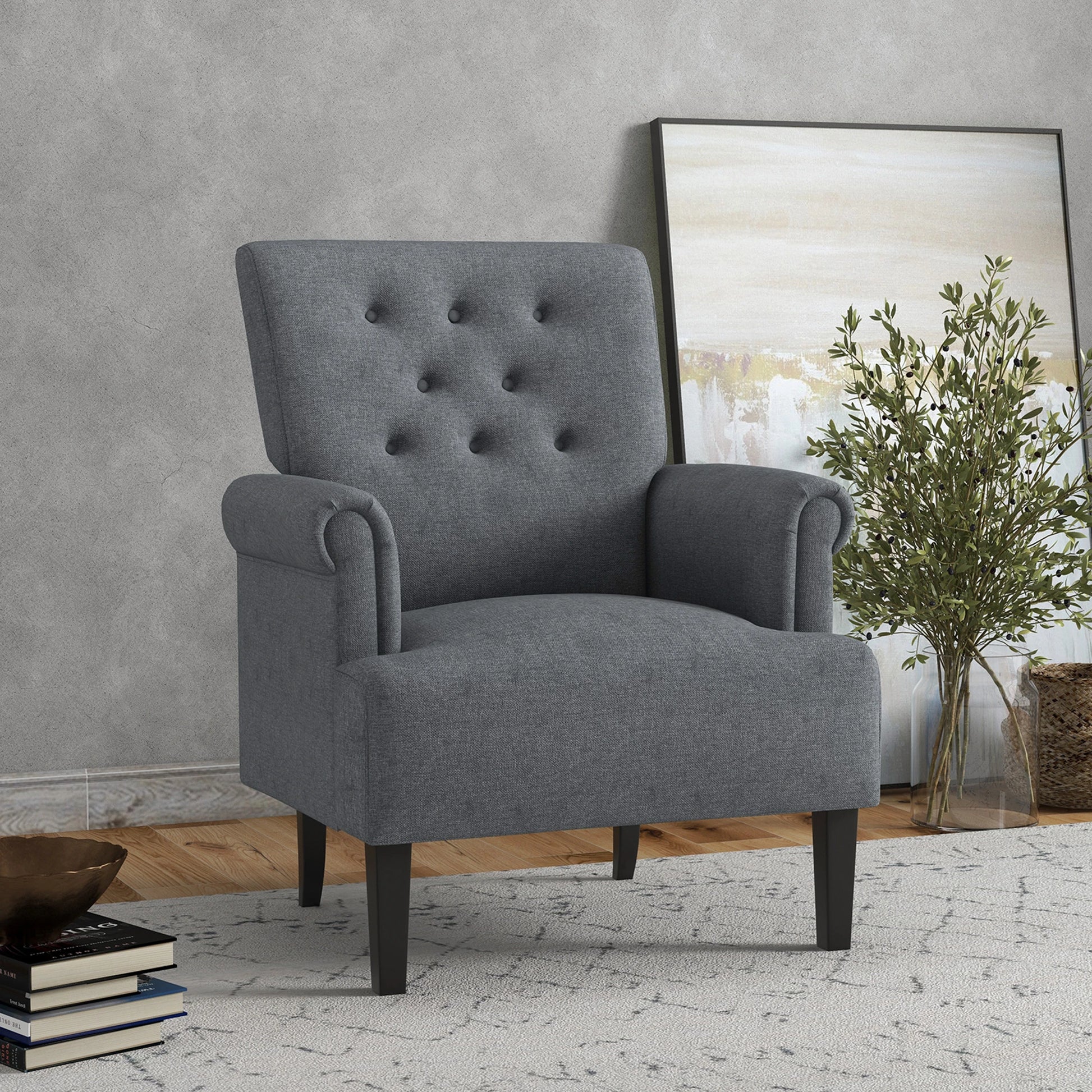 Fabric Accent Armchair, Modern Living Room Chair, Wood Legs, Grey Single Sofas at Gallery Canada