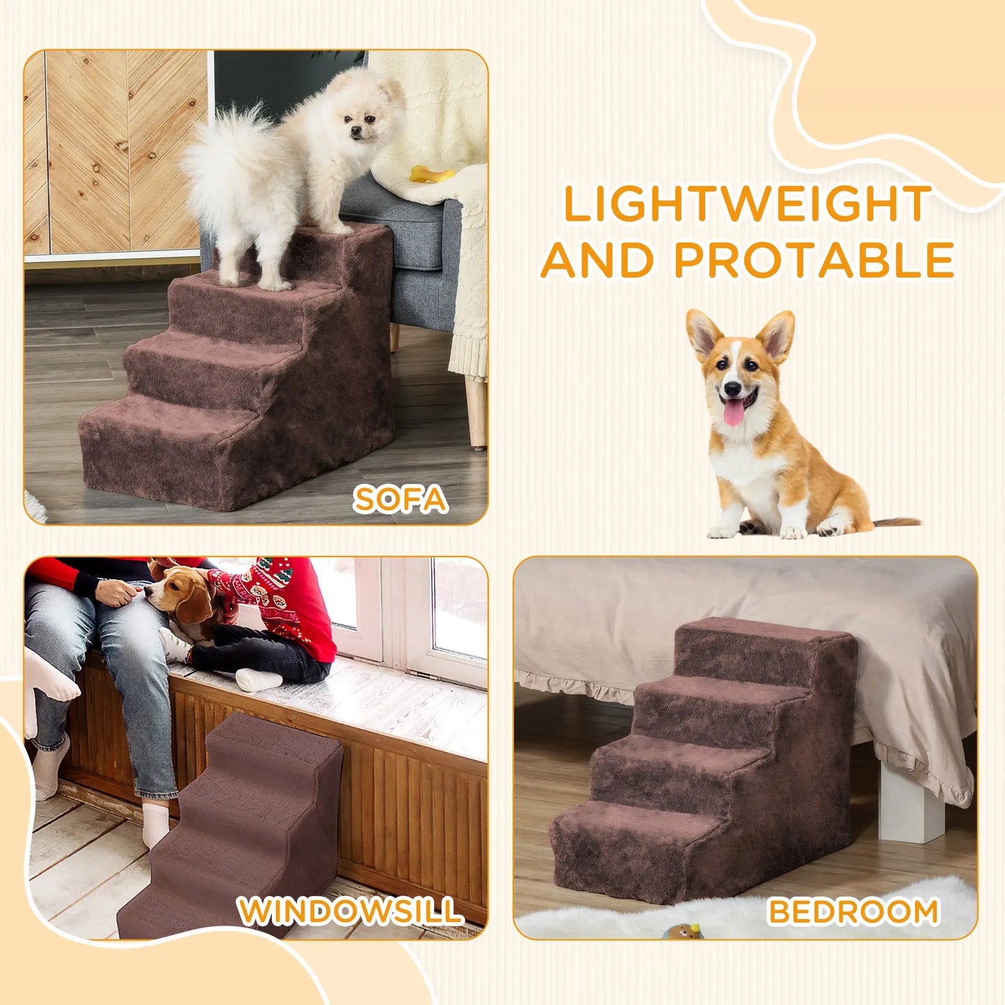 4-Step Dog Ramp for Sofa, Bed, Couch, Removable Cover, Brown Dog Stairs at Gallery Canada