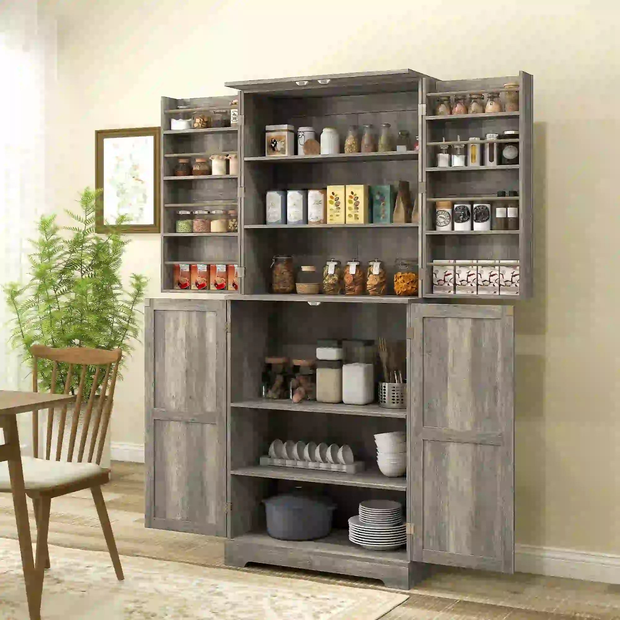Farmhouse Kitchen Pantry Cabinet, Barn Doors, Adjustable Shelves, Distressed, Grey Storage Cabinets at Gallery Canada