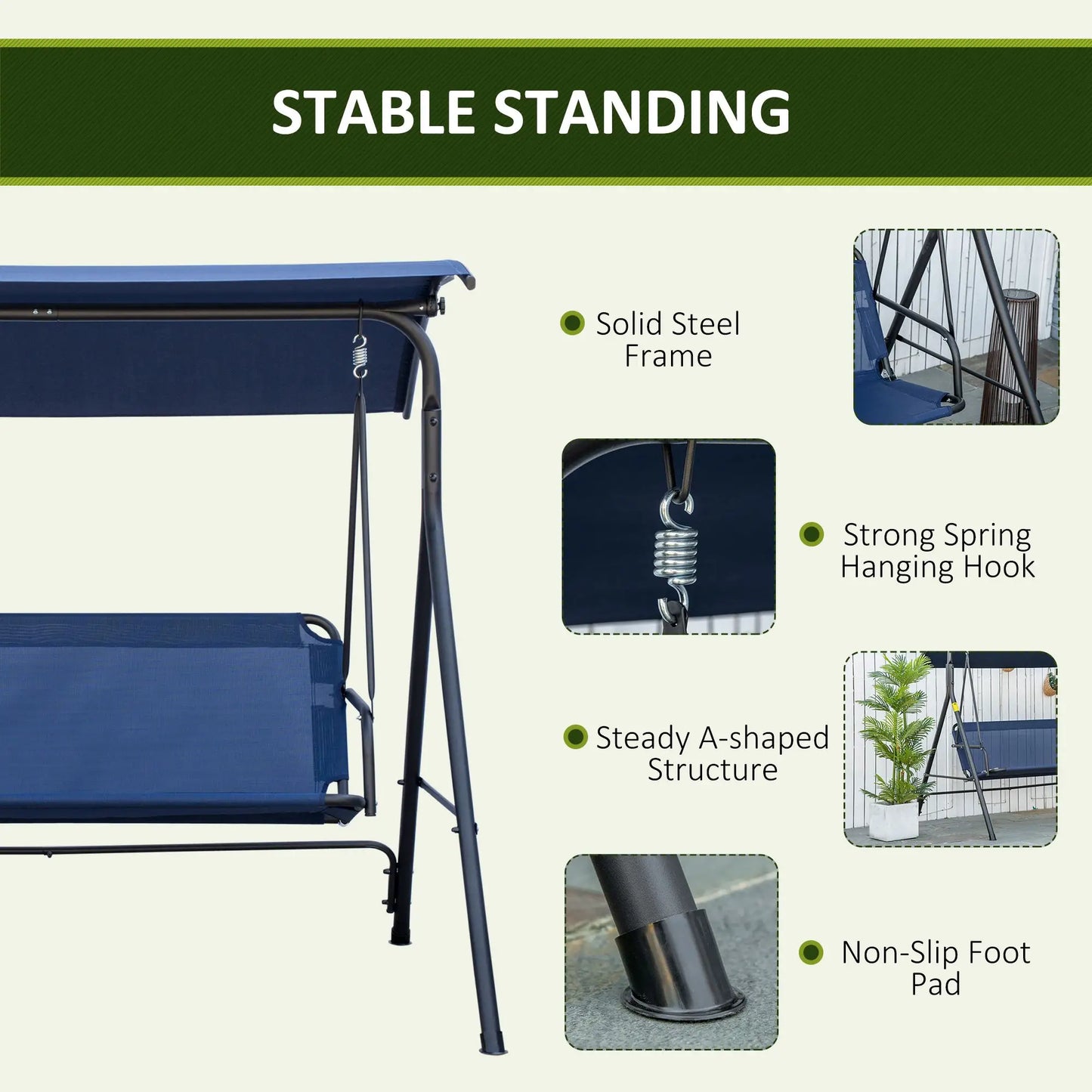 3-Seater Outdoor Swing, Adjustable Canopy, Dark Blue Porch Swings with Canopy at Gallery Canada