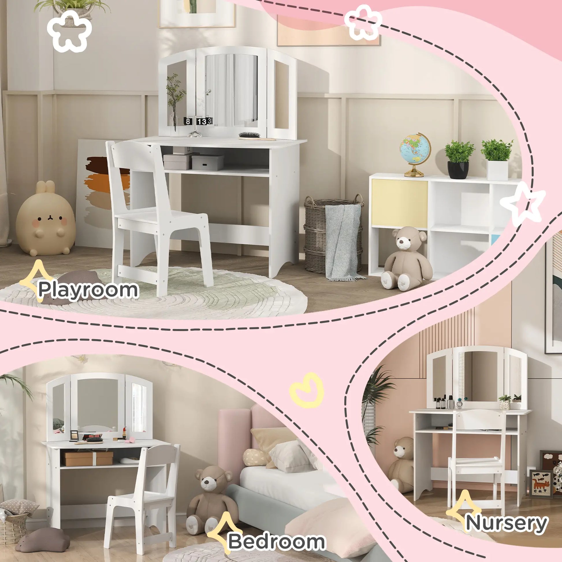 Kids Vanity Set, Tri-Folding Mirror, Stool, Storage Shelf Toy Vanity at Gallery Canada