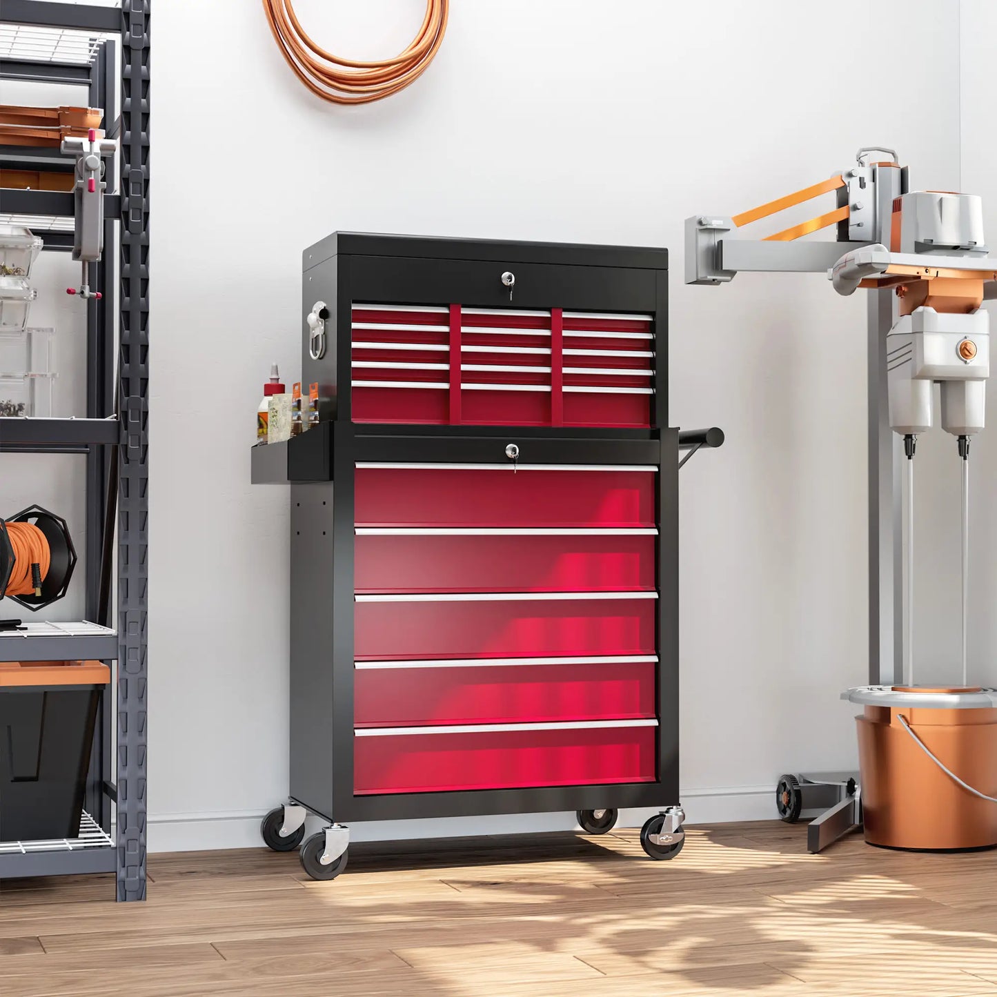 14 Drawer Rolling Tool Chest, Lockable Storage Cabinet, Detachable Top Toolbox, Red Tool Organizers at Gallery Canada