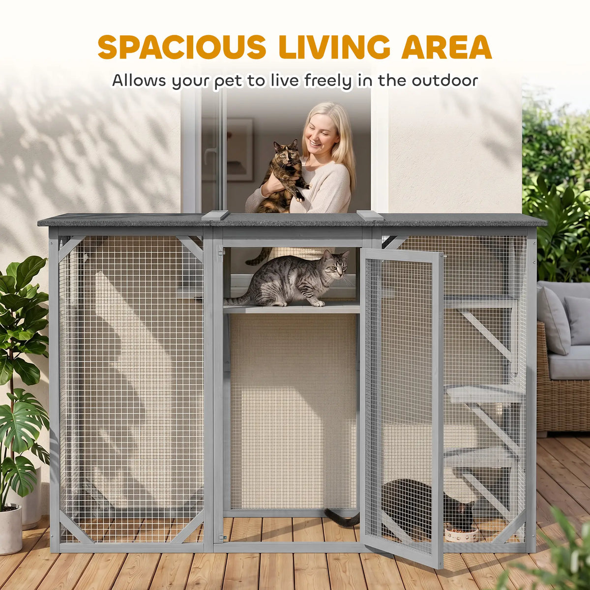 44.1" H Cat Cage, Indoor Outdoor Wooden Pet House, Small Animal Hutch, Grey Outdoor Cat Enclosures at Gallery Canada