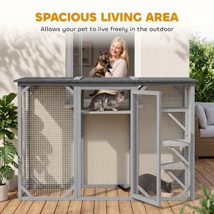 44.1" H Cat Cage, Indoor Outdoor Wooden Pet House, Small Animal Hutch, Grey Outdoor Cat Enclosures at Gallery Canada