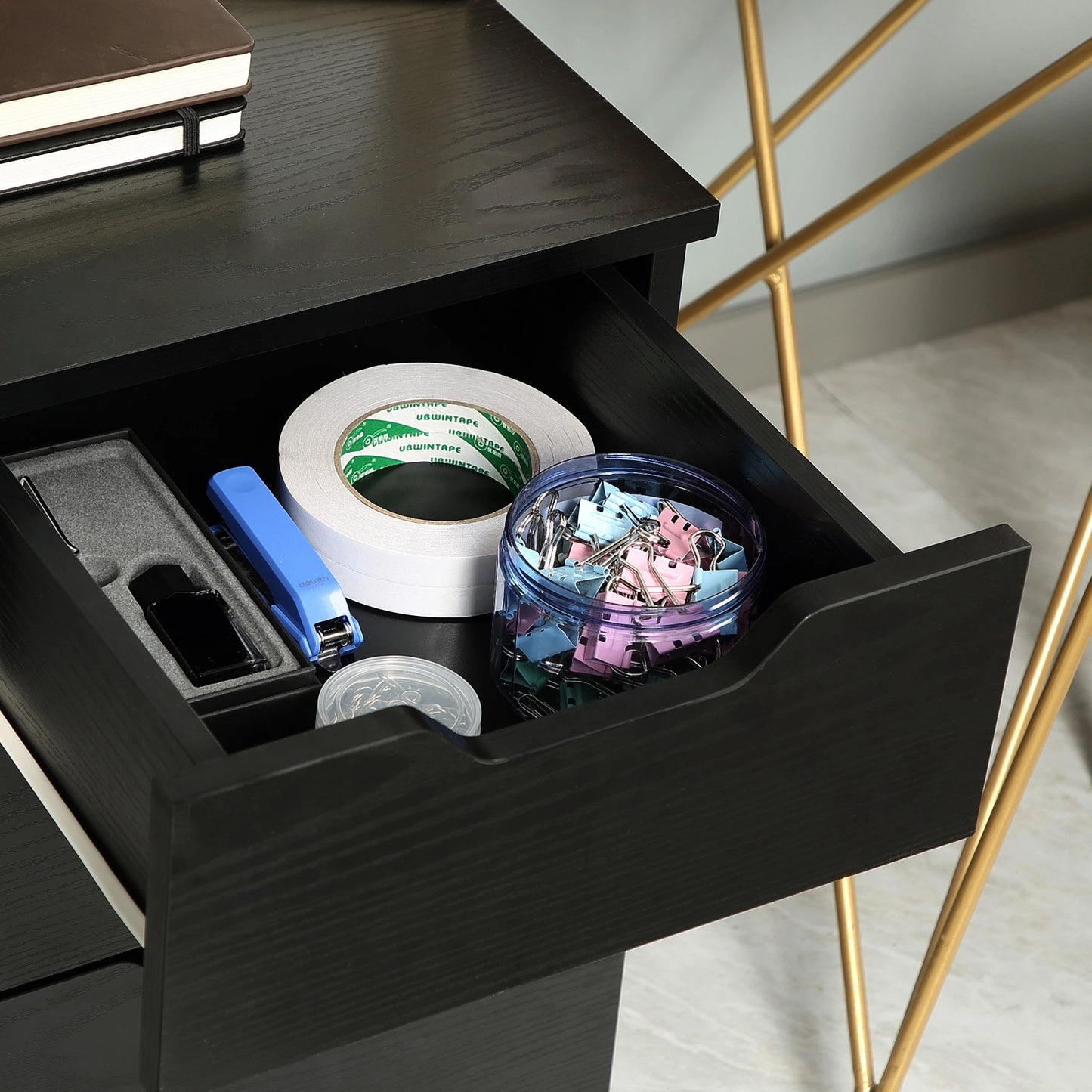 3 Drawer Vertical Filing Cabinet, Mobile Under Desk Storage, Wood Grain, Black Office Cabinets & Cupboards at Gallery Canada