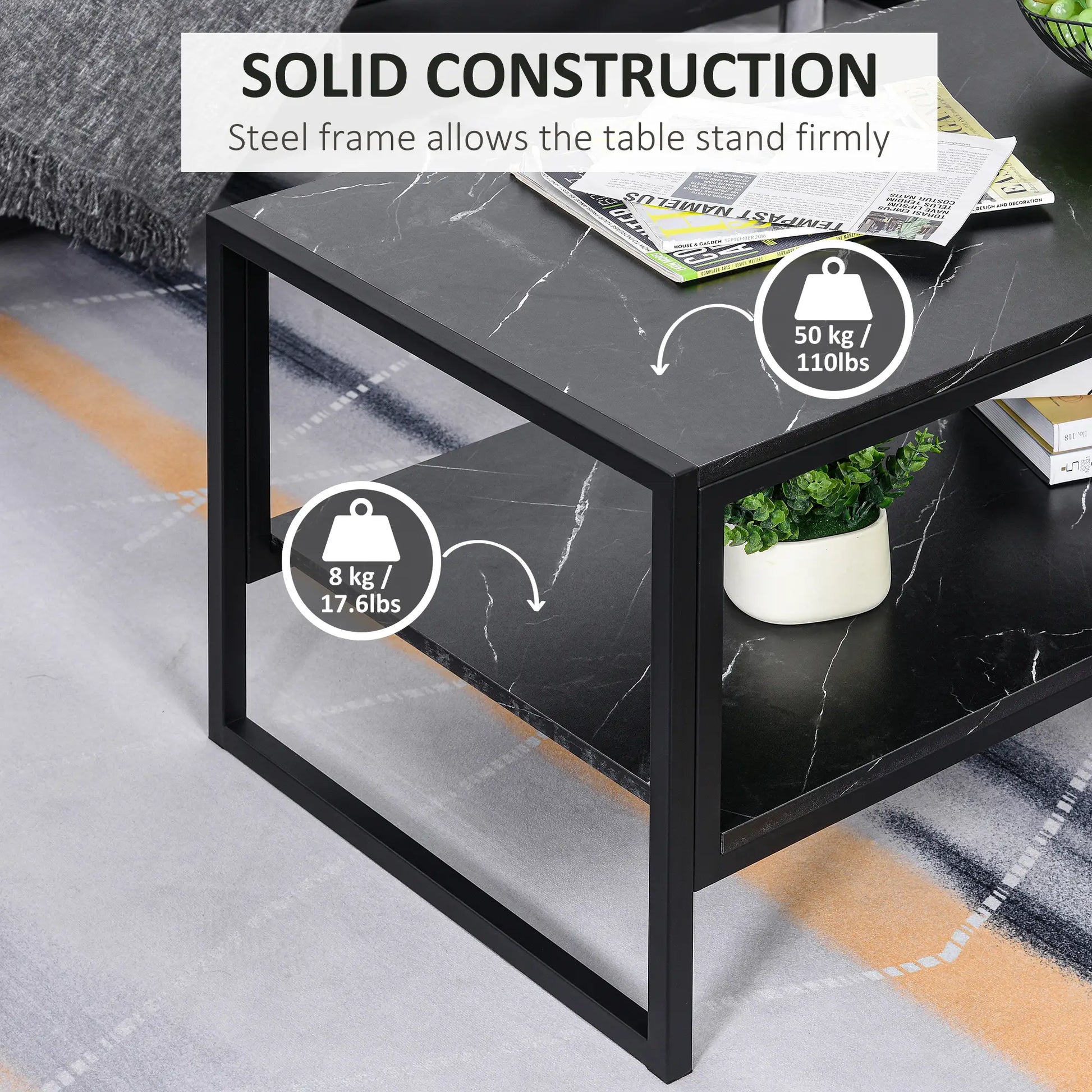2-Tier Coffee Table with Storage, Marble Textured Top, Black Coffee Tables at Gallery Canada