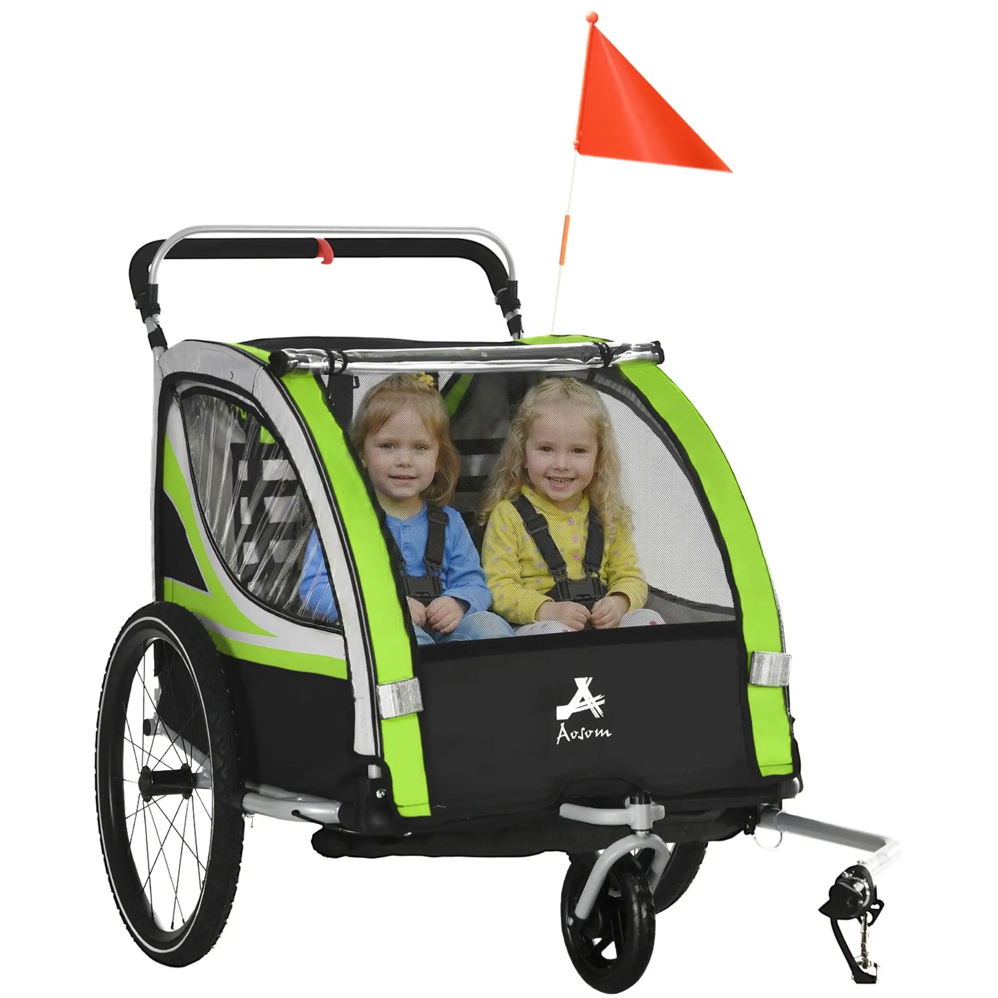 3-in-1 Bike Trailer, Running Stroller, 2 Seats, 5-Point Harness, Storage, Green Kids Bike Trailers at Gallery Canada