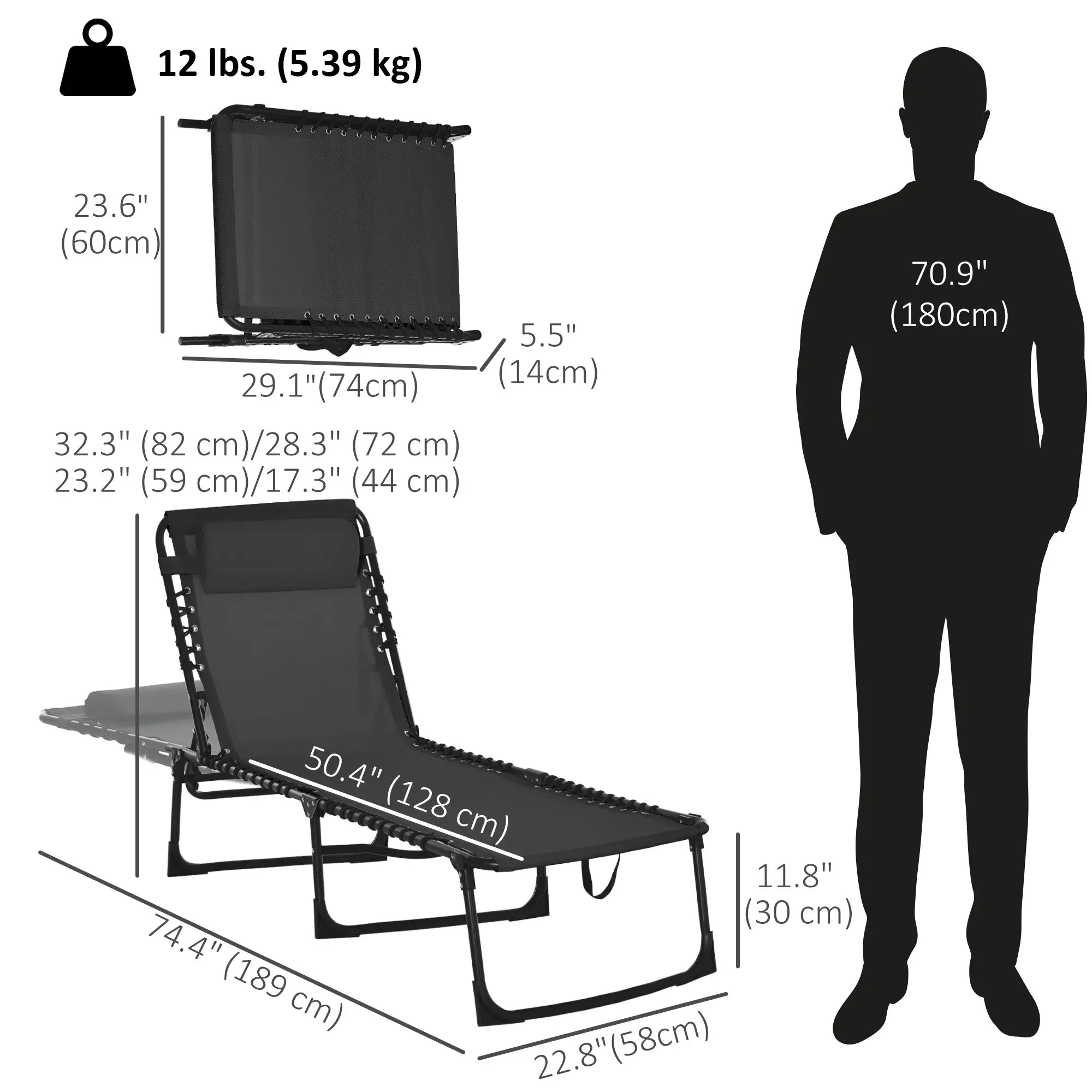 Outdoor Folding Lounge Chair, 4-Level Adjustable, Black Lounger Chairs at Gallery Canada
