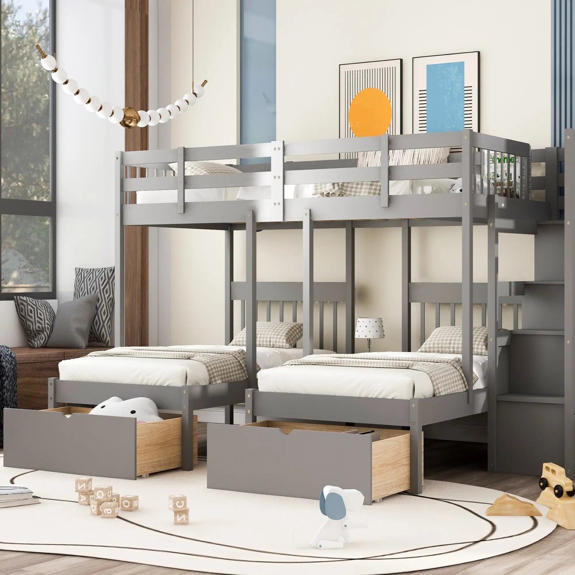Twin Over Full Bunk Bed with Drawers, Guardrails, Pine Frame, 115