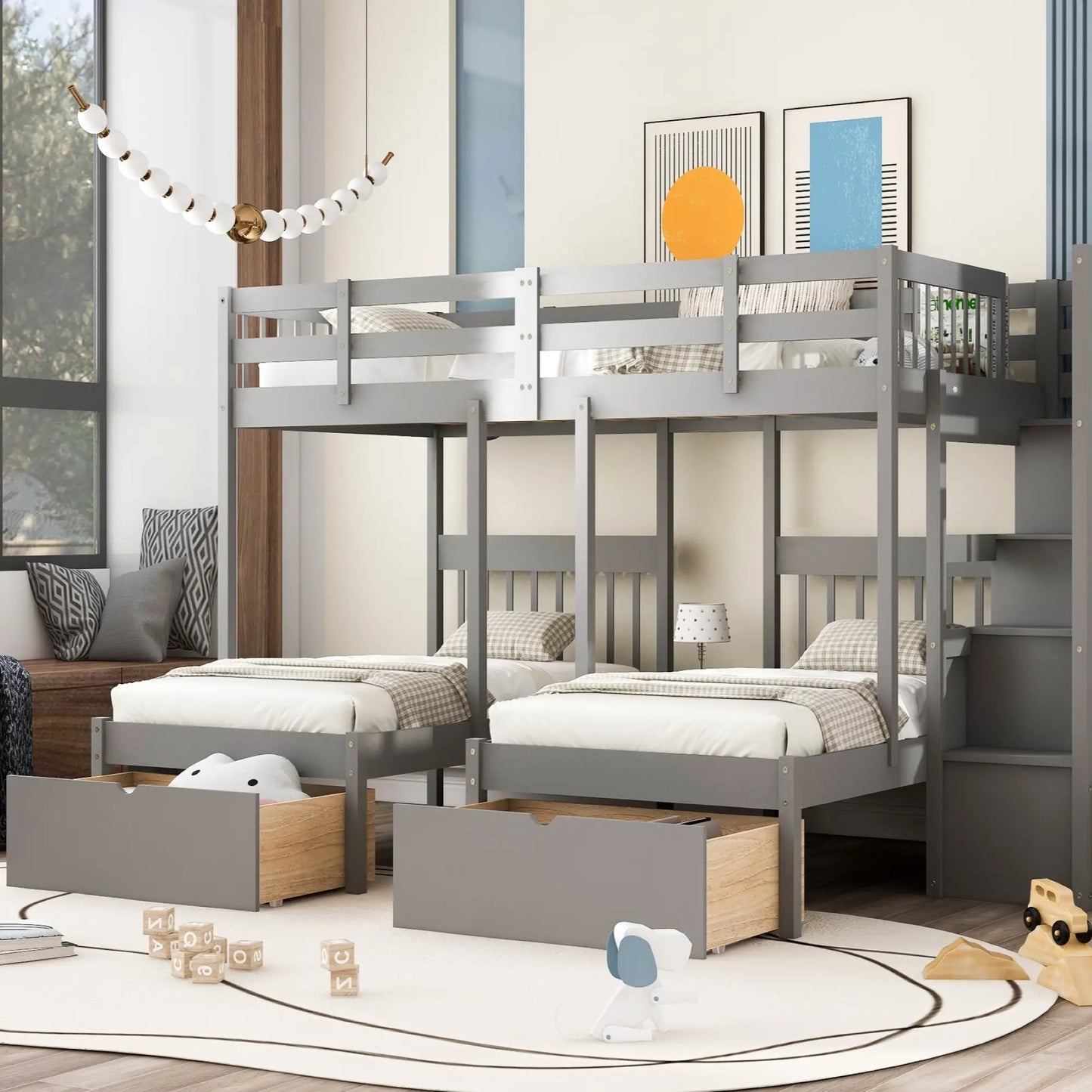 Twin Over Full Bunk Bed with Drawers, Guardrails, Pine Frame, 115" L x 76" W x 64.5" H, Grey Bed Frames at Gallery Canada