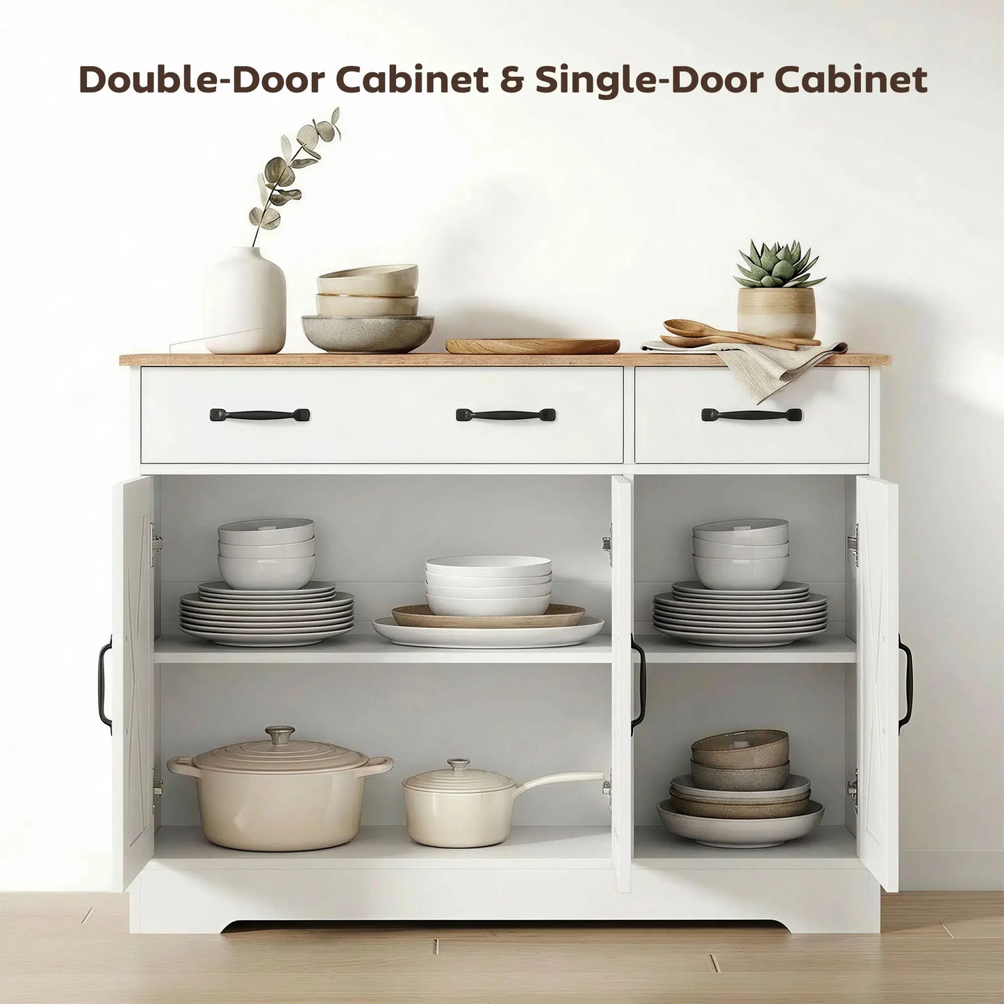 43" Sideboard Buffet Cabinet, 3 Barn Doors, 2 Drawers, White Bar Cabinets at Gallery Canada