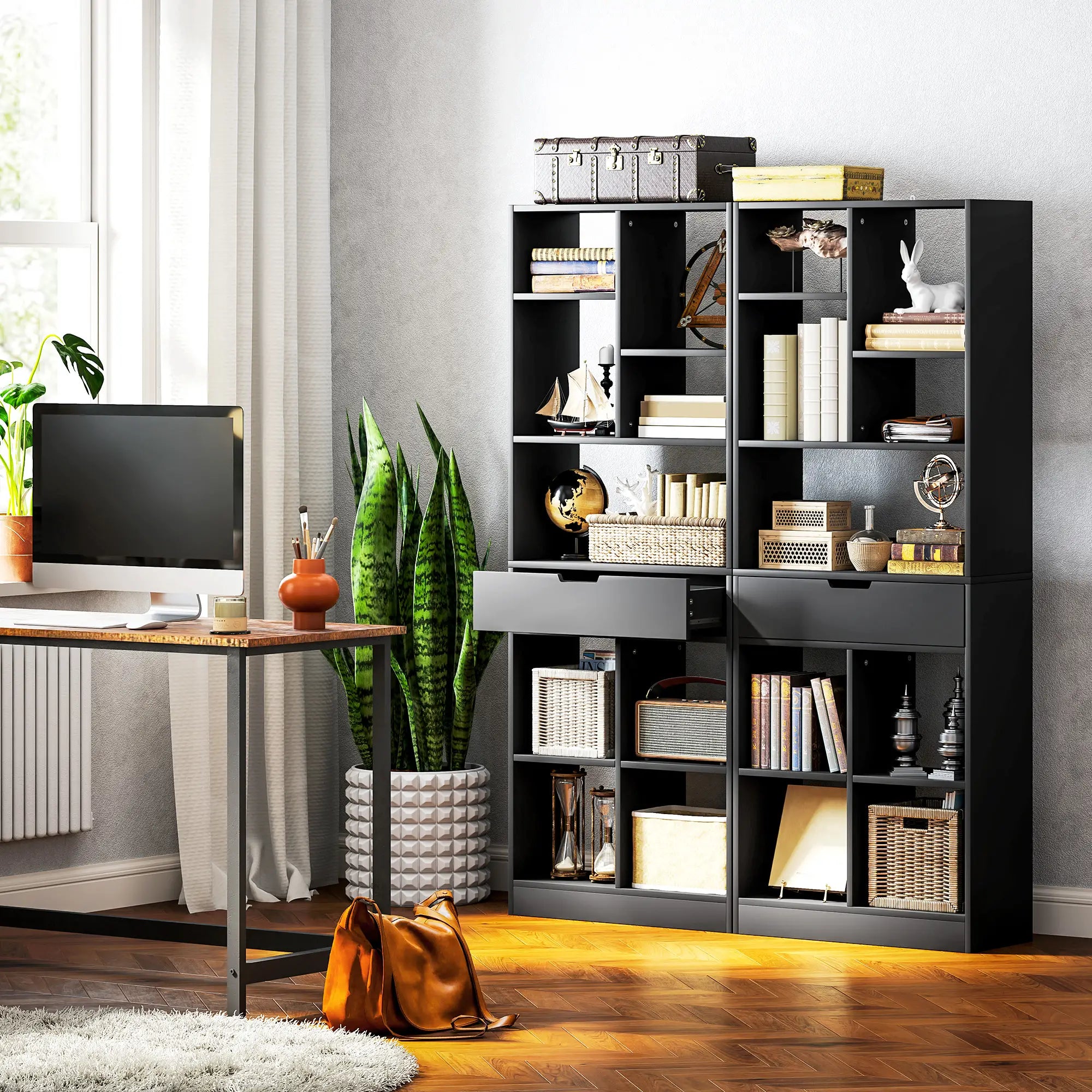 Tall Bookshelf with Drawer, Freestanding Bookcase, Black Display Bookshelves at Gallery Canada