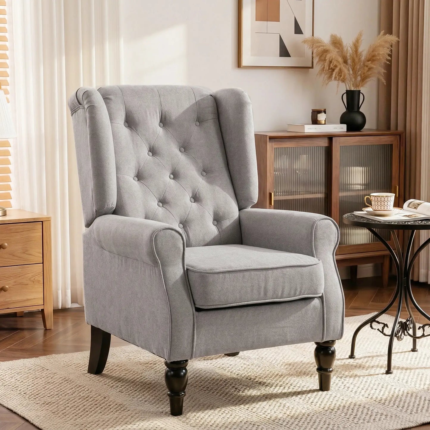 Fabric Accent Chair, Button Tufted Armchair, Modern Living Room, Wood Legs, Grey Accent Chairs at Gallery Canada