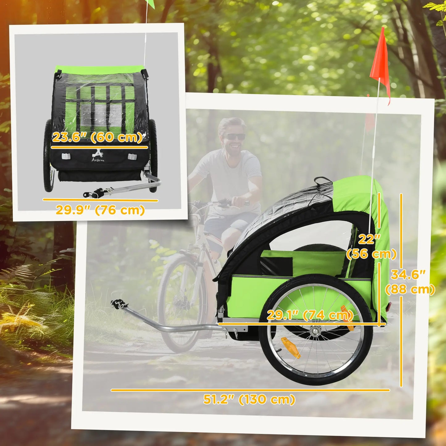 2-Seat Child Bike Trailer, Steel Frame, 5-Point Harness, Green