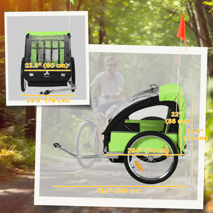 2-Seat Child Bike Trailer, Steel Frame, 5-Point Harness, Green