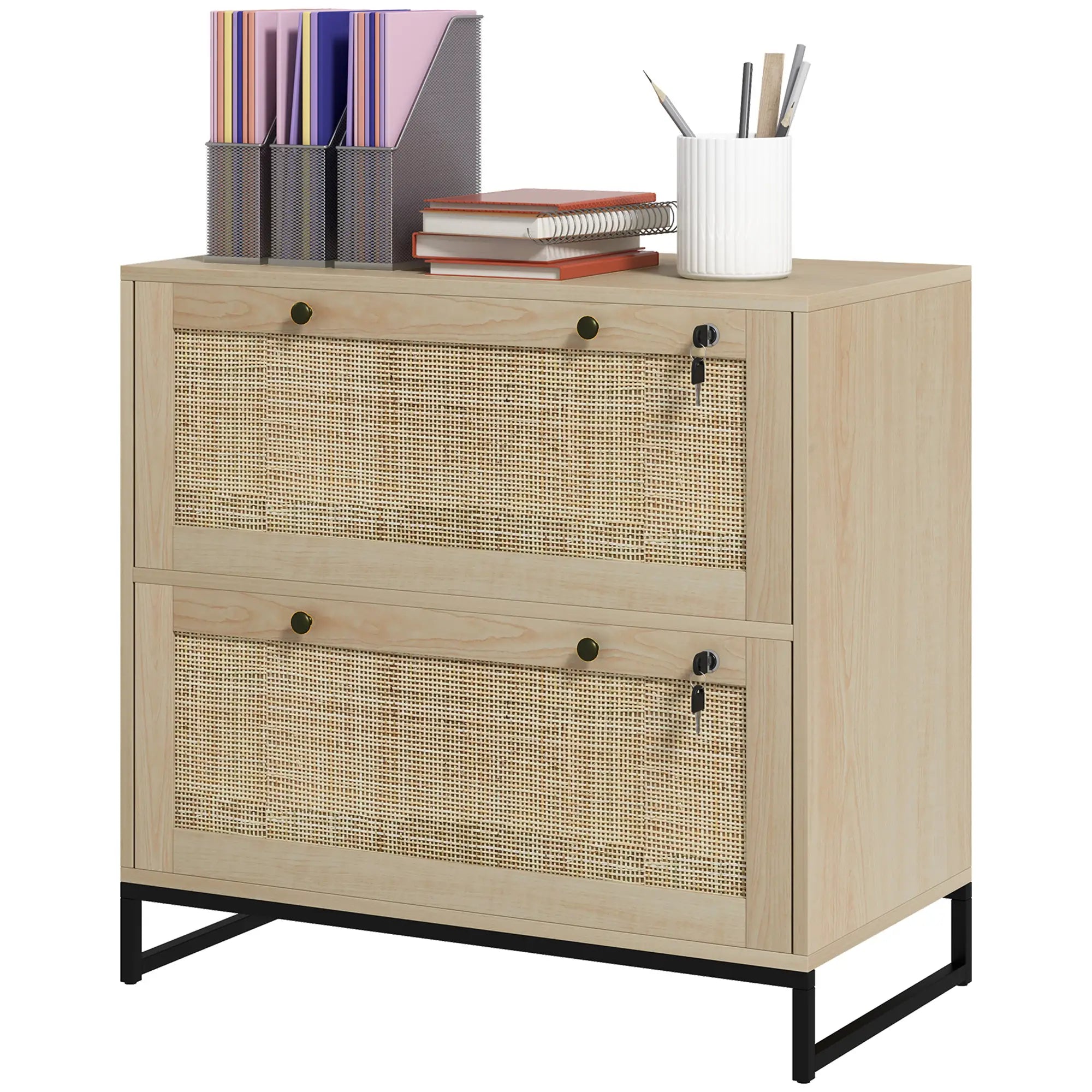 2-Drawer Filing Cabinet with Lock, Rattan, Adjustable Hanging Bar, Natural Office Cabinets & Cupboards Natural at Gallery Canada