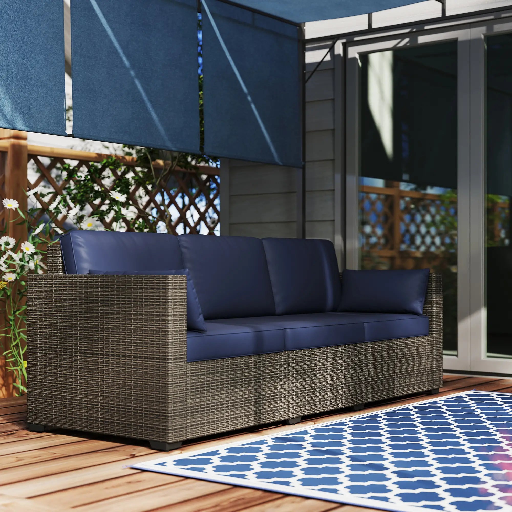 3-Seater Outdoor Sofa, PE Rattan Patio Couch With Cushions, Blue/Brown Patio Furniture Sets at Gallery Canada
