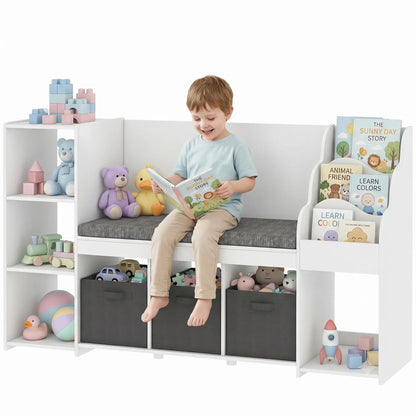Kids Storage Shelf With Reading Nook, Toy Organizer, 3 Fabric Drawers, undefined Baby & Kids Storage White, Grey at Gallery Canada