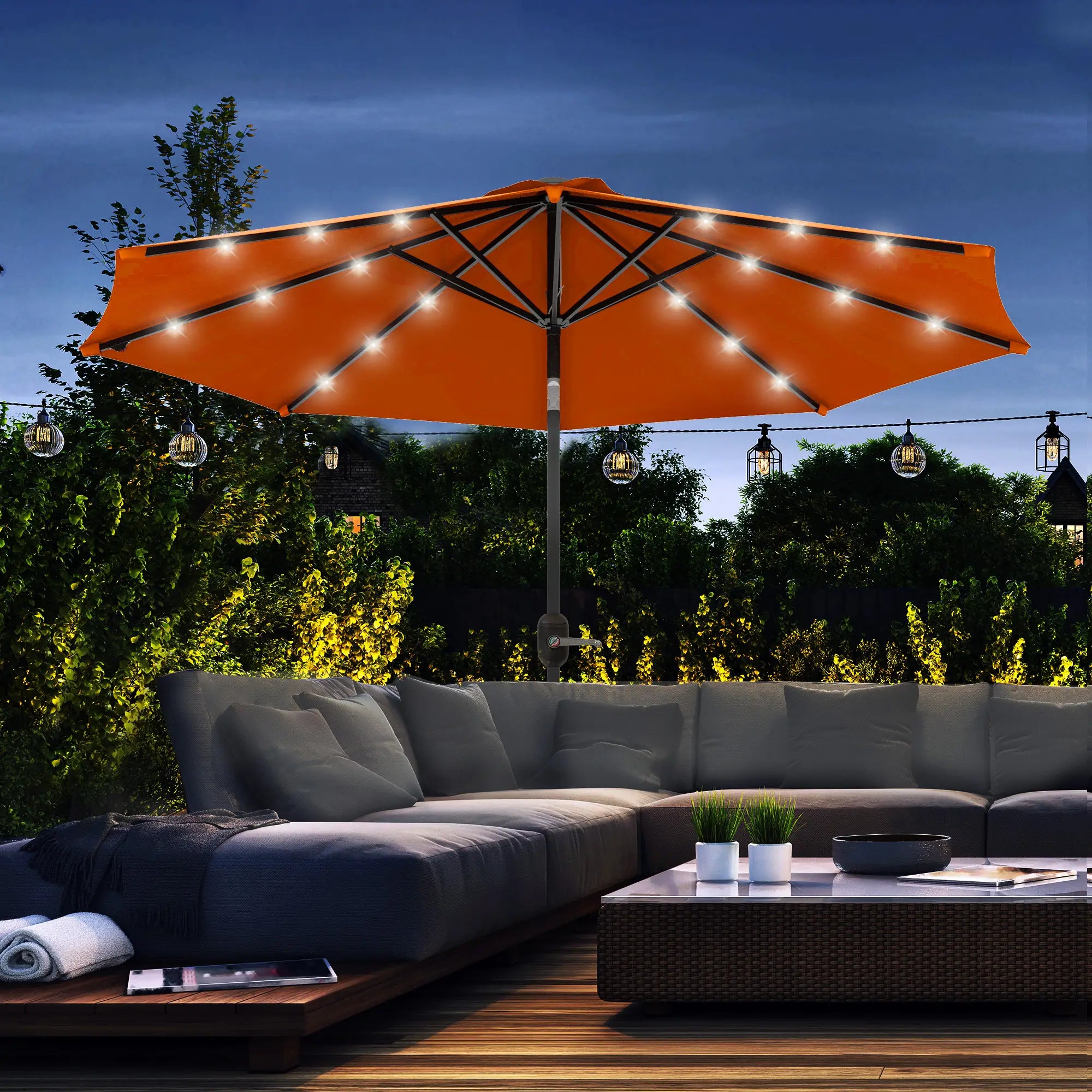9ft Solar Patio Umbrella, 24 LED Lights, Tilt Canopy, Orange Sun Umbrellas at Gallery Canada