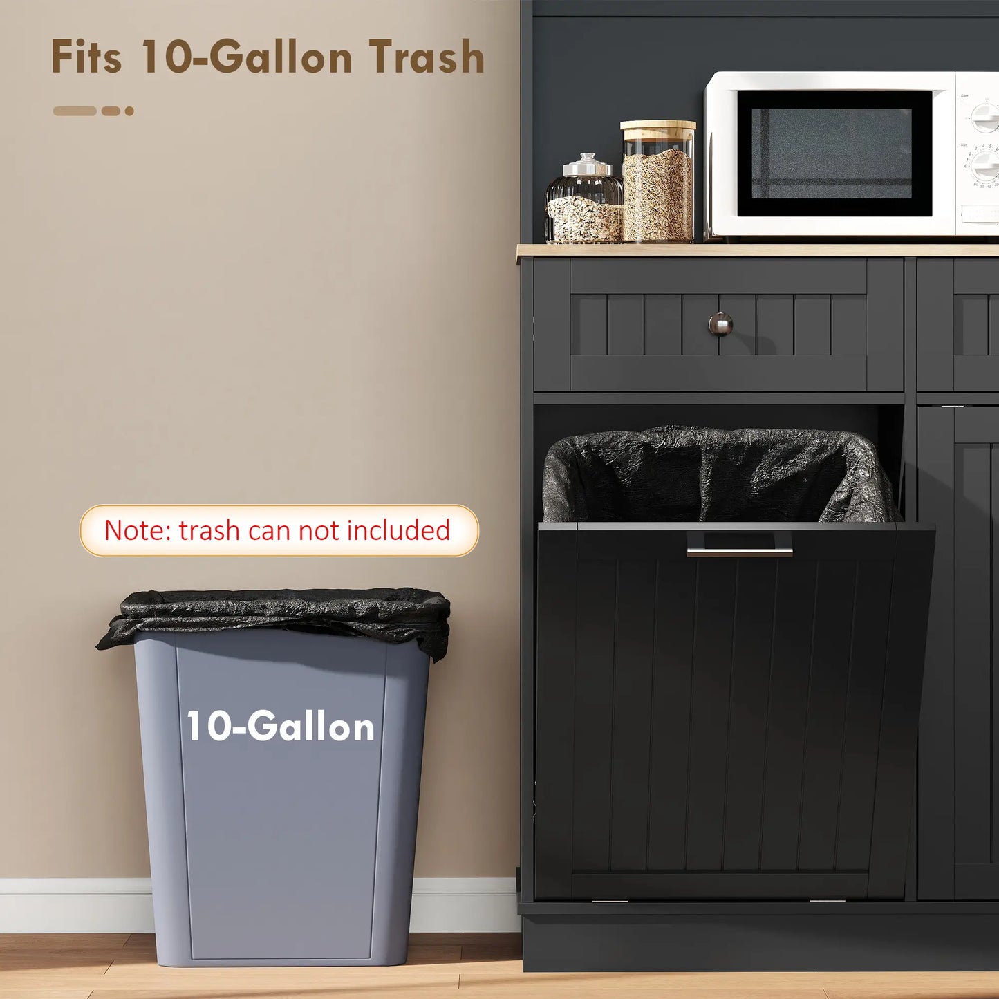 68 Inch Pantry Cabinet with Charging Station, Microwave Stand, Trash Can, Black Kitchen Pantry Cabinets at Gallery Canada