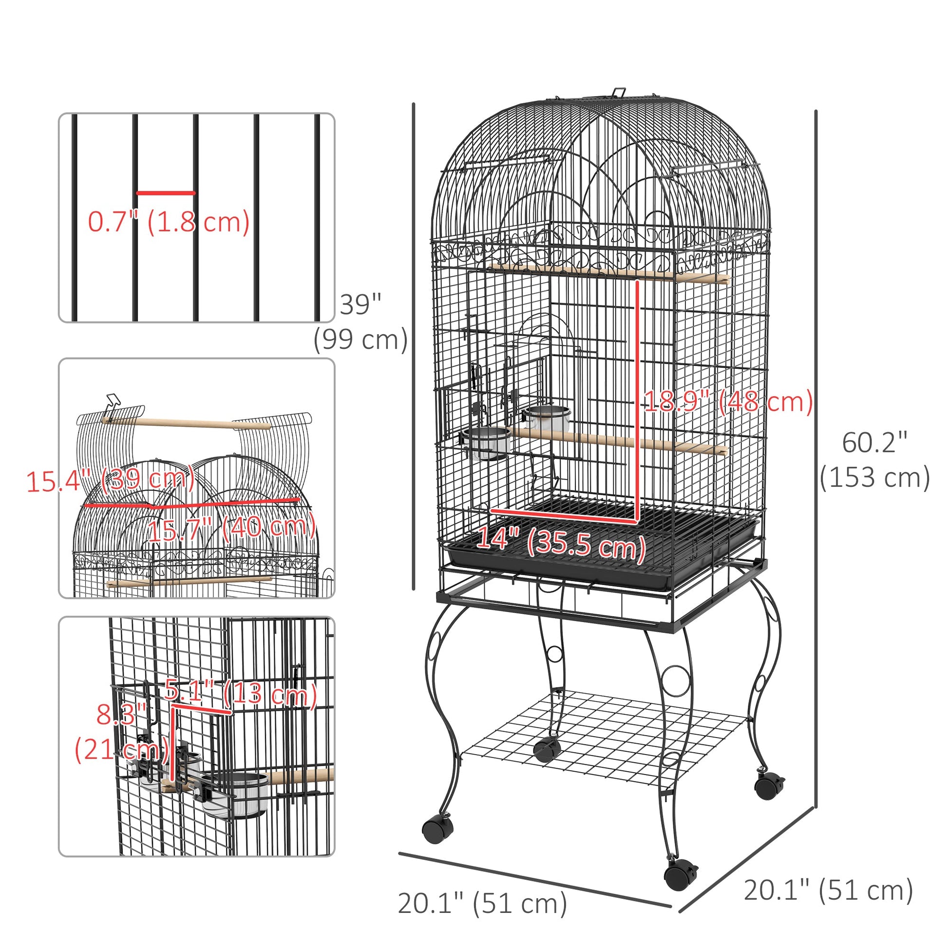 Play Open Top Bird Cage 60" Parrot Cage for Cockatiel, Sun Conure with Rolling Stand, Removable Tray, Perches, Storage Shelf White, 20.1" x 20.1", Black at Gallery Canada