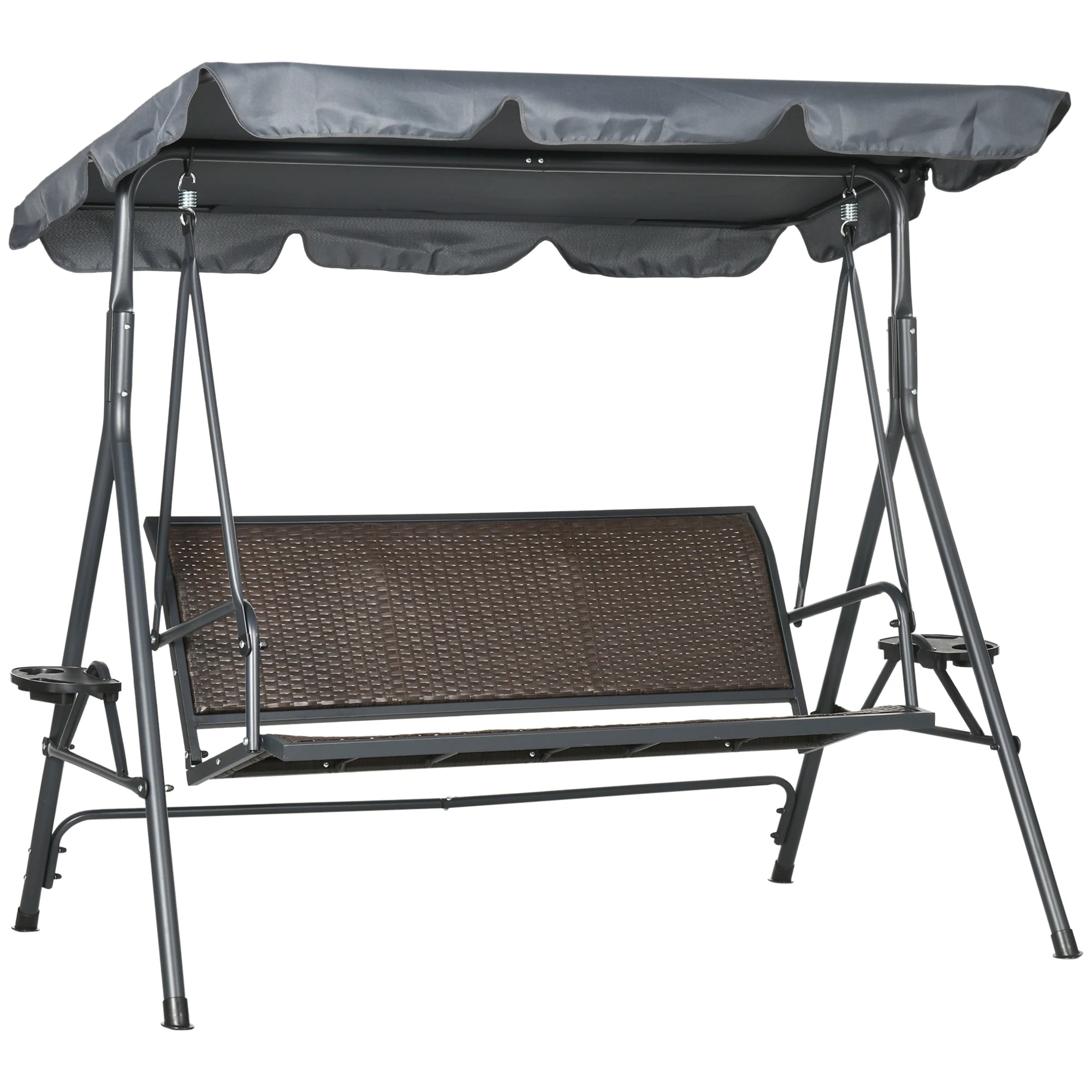 3-Seat Patio Swing Chair, Outdoor Canopy Glider, Rattan Seat, Steel Frame, Dark Grey Porch Swings with Canopy Dark Grey, Brown at Gallery Canada