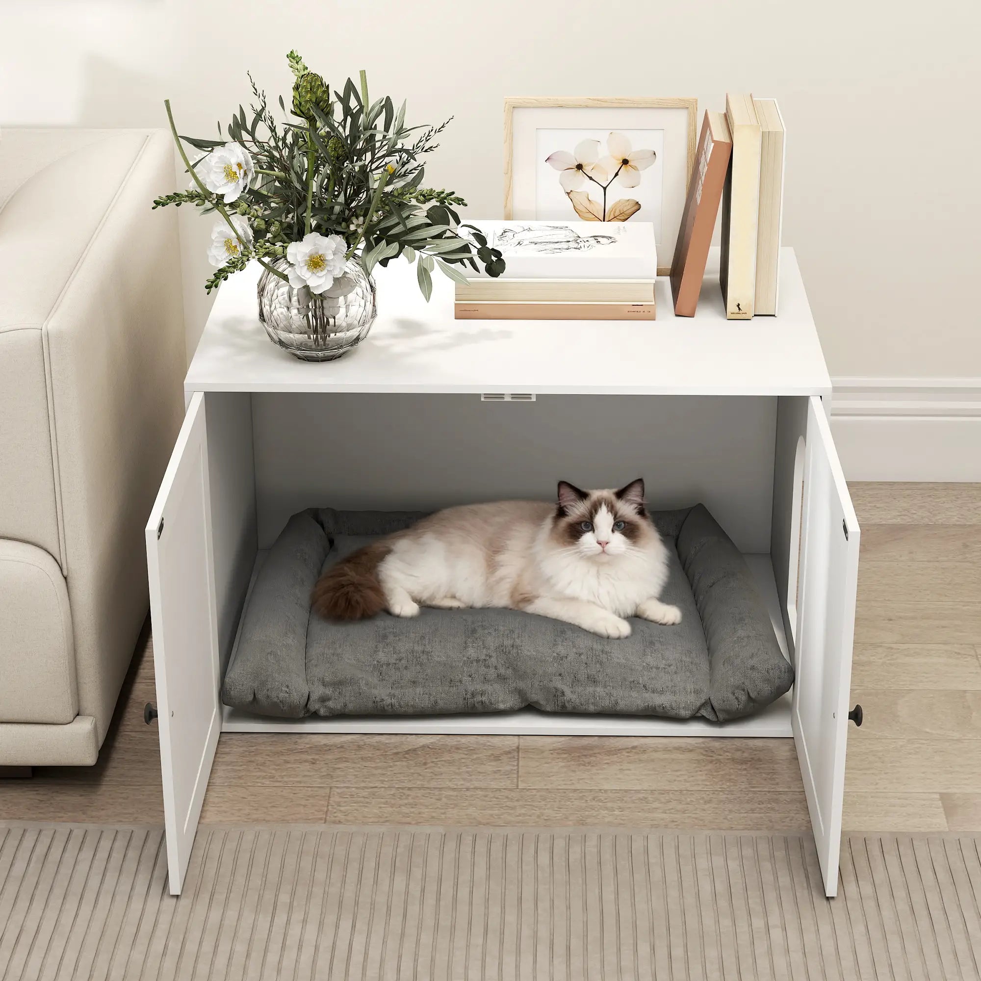 Cat Litter Box Enclosure, Double Doors, Handles, 31.5