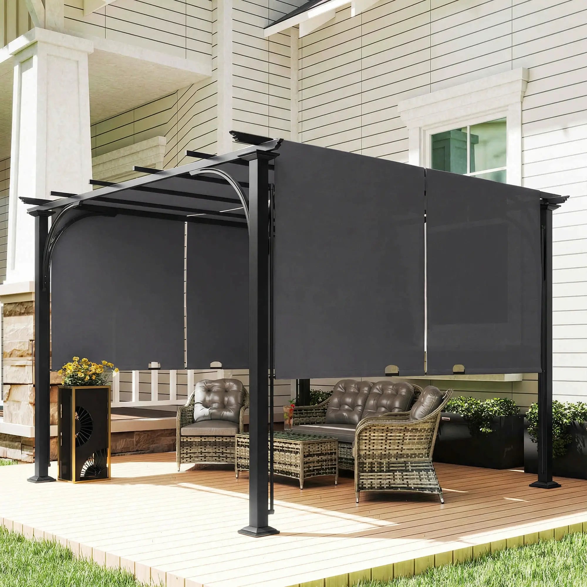 10' x 10' Retractable Pergola Canopy, UPF50+ Outdoor Metal Gazebo, Dark Grey Pergolas at Gallery Canada